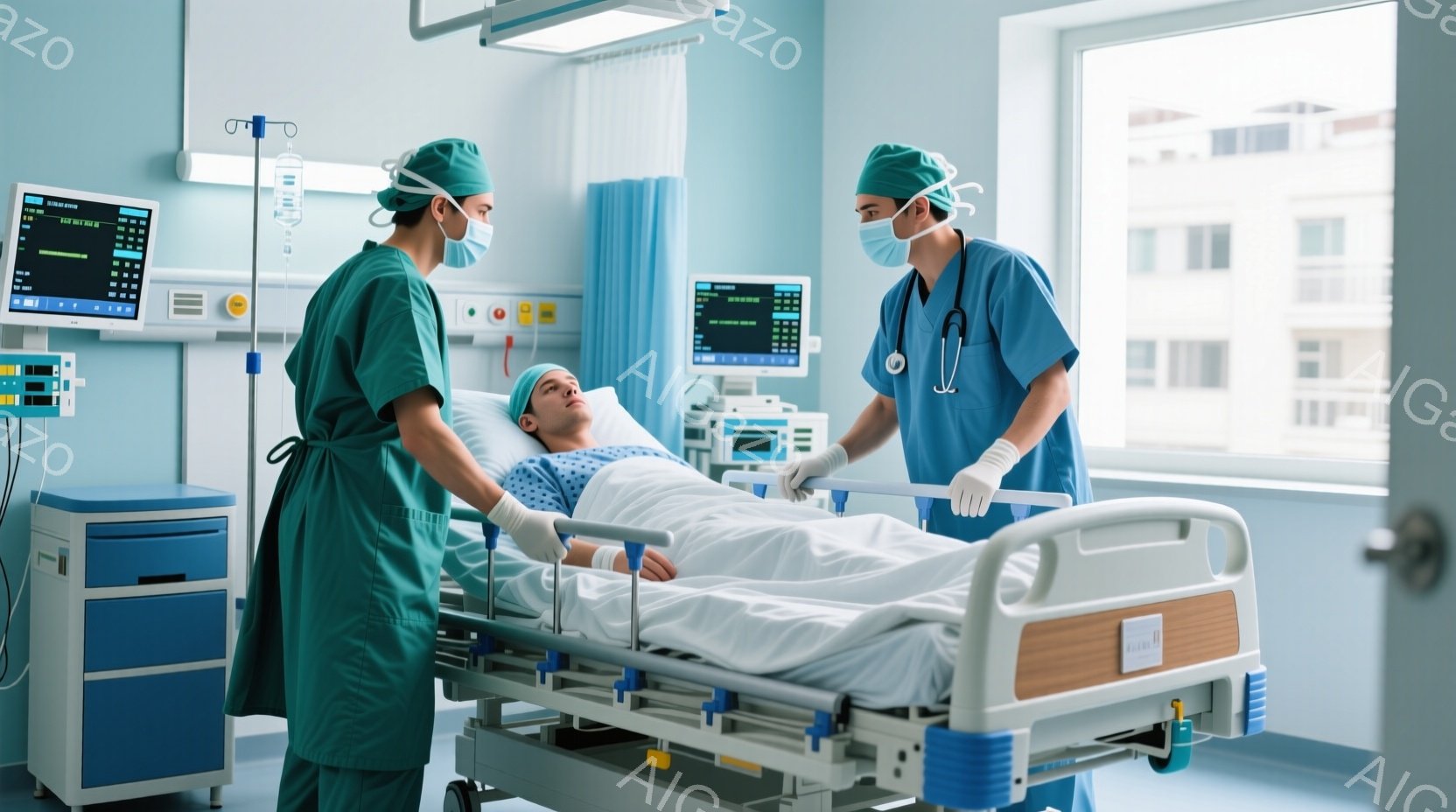 手術室のような空間で、緑色の手術着と帽子を着用した二人の医療従事者が、ベッドに横たわる患者のそばに立っている。患者は白いシーツに覆われ、リラックスした表情をしているように見える。背景には医療機器やモニターが配置され、窓からは都市の風景が見え、清潔で落ち着いた雰囲気が漂っている。