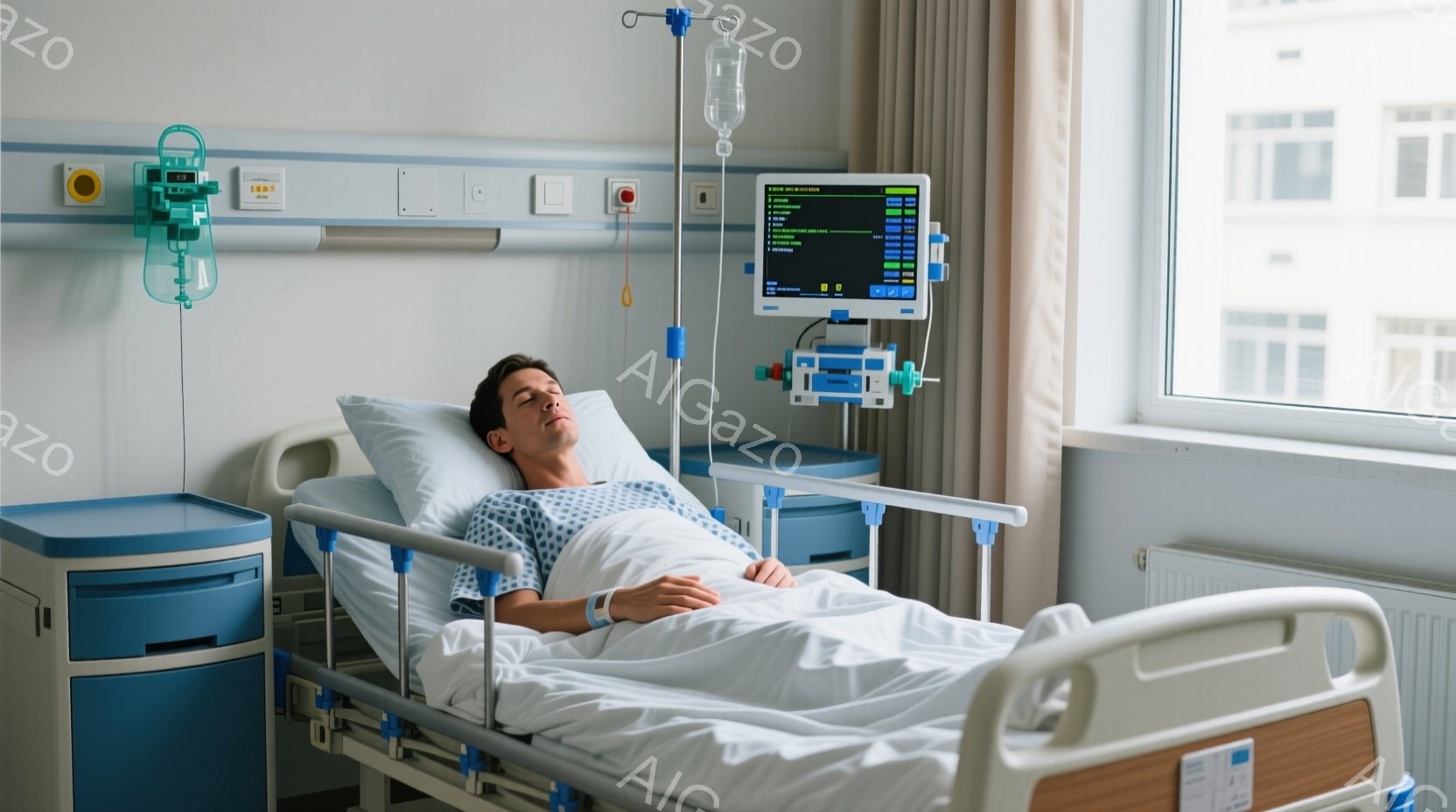 患者は病院のベッドに横たわり、静かに目を閉じています。青い病院着を着ており、点滴と心電図モニターが接続されています。背景には窓と医療機器が見え、全体的に静かで落ち着いた雰囲気が漂っています。
