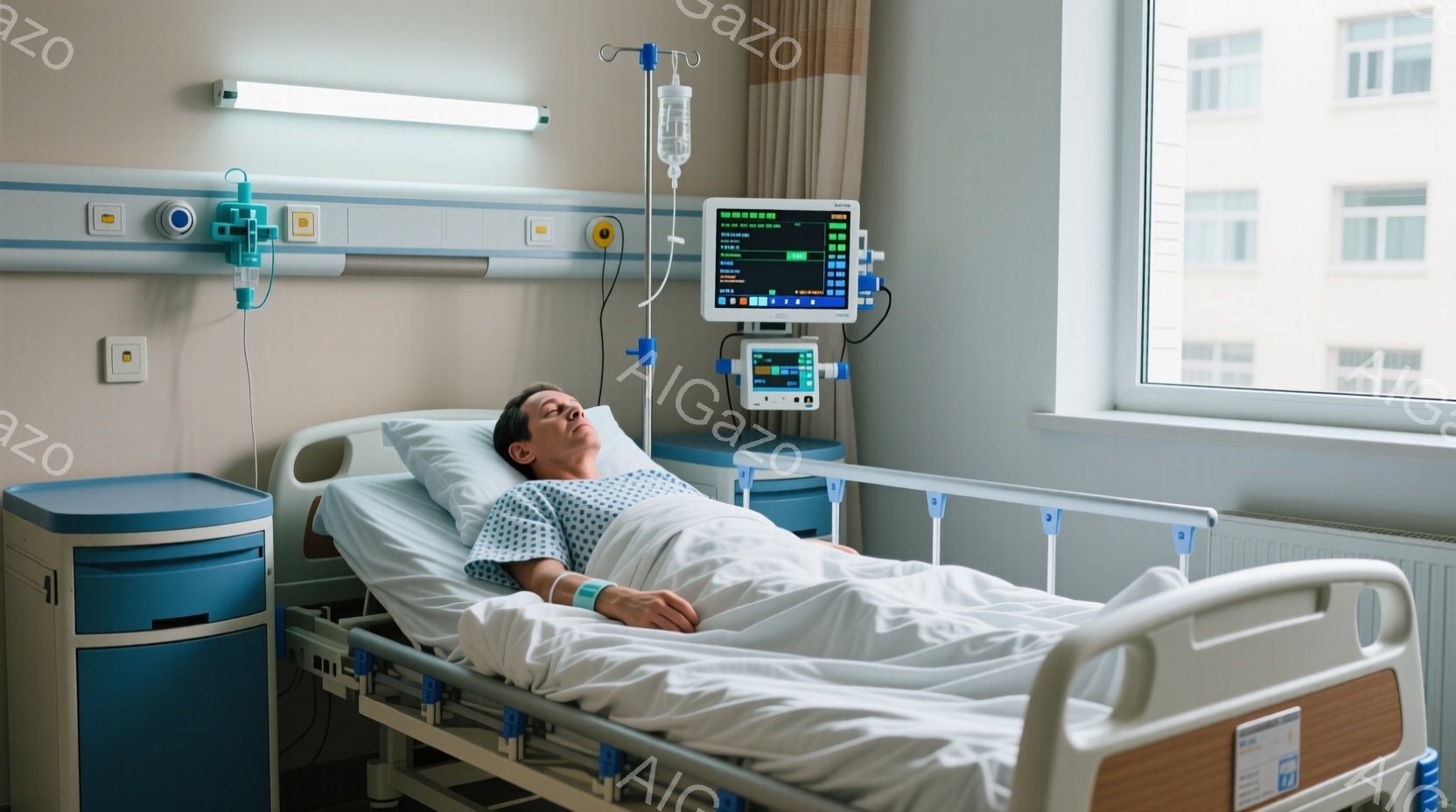 患者は病院のベッドに横たわっており、医療機器に接続されています。彼は病院着を着ており、目は閉じられています。背景には窓があり、近代的な建物が見え、明るい日差しが差し込んでいます。