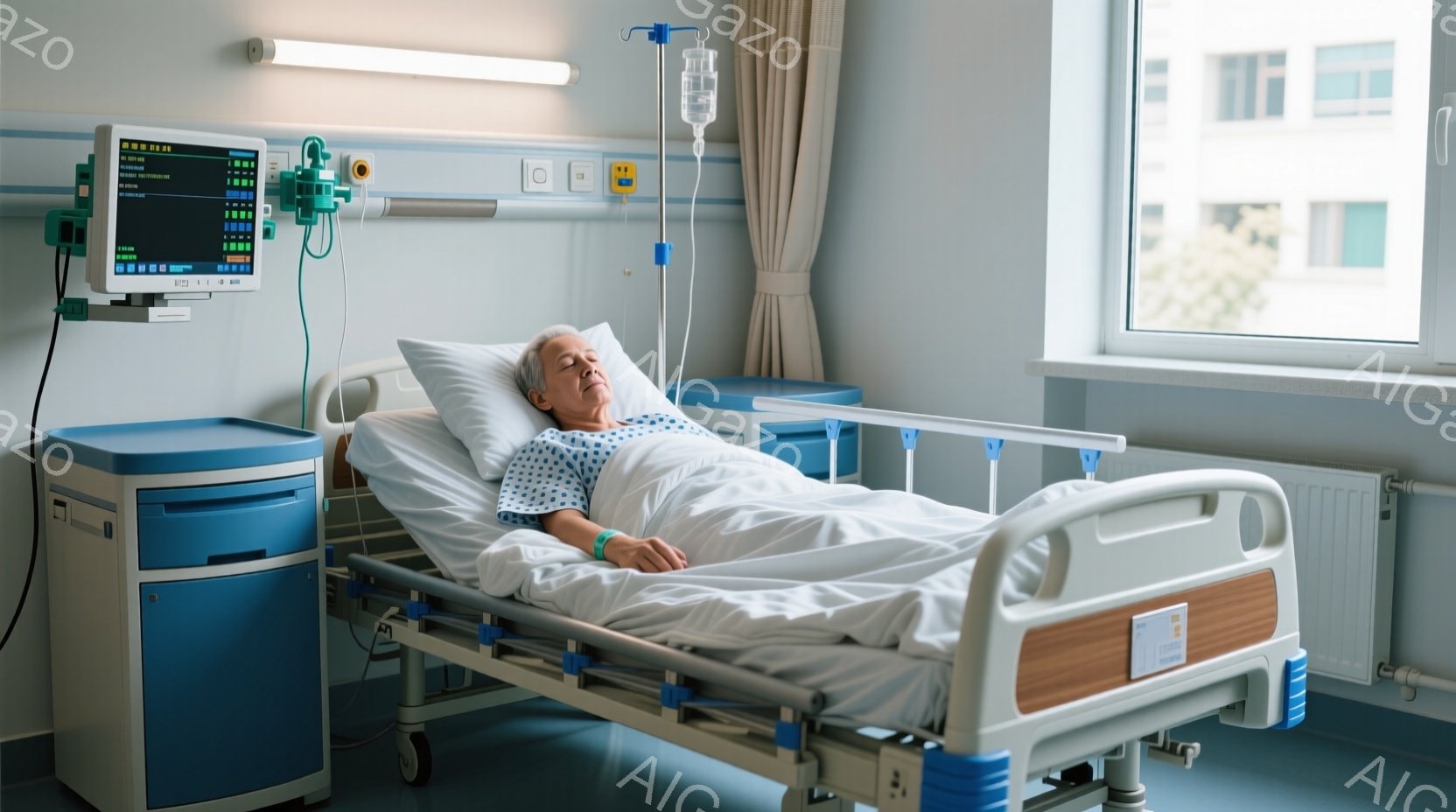 白髪の老人が病院のベッドに横たわっており、青い病院着を着ています。彼は目を閉じ、穏やかな表情を浮かべており、点滴と心電図モニターに繋がれています。窓の外には建物が見え、全体的に静かで落ち着いた雰囲気の病室です。