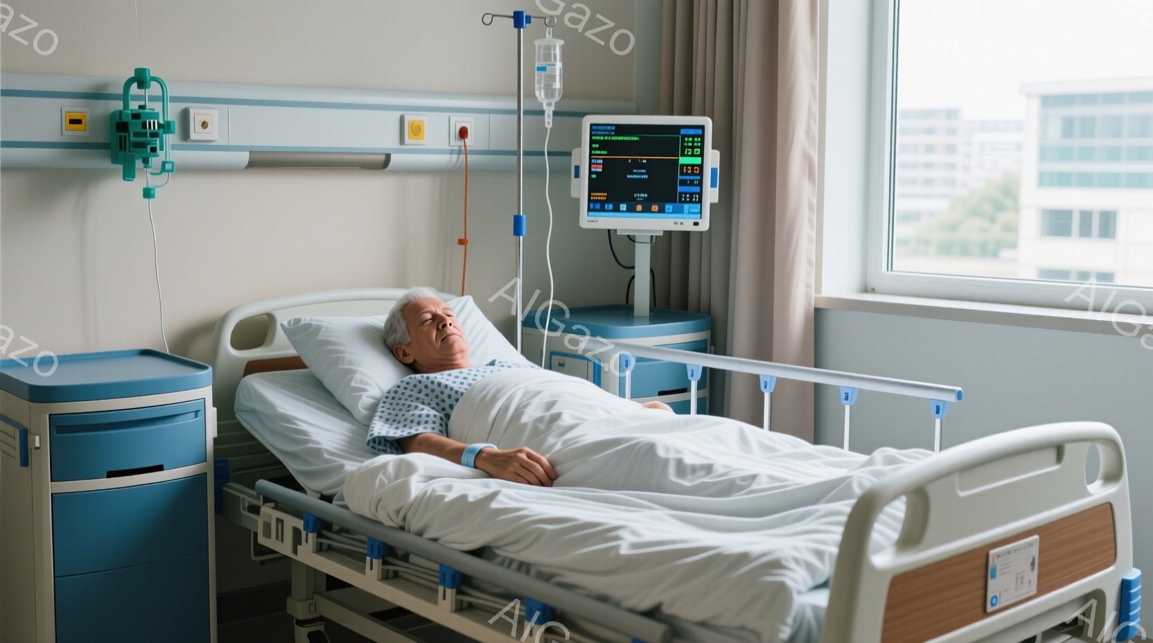 高齢の男性が病院のベッドに横たわっており、白い病院着を着ています。彼は目を閉じ、穏やかな表情をしています。背景には大きな窓があり、高層ビルが見え、全体的に静かで落ち着いた雰囲気が漂っています。 - AI生成フリー素材