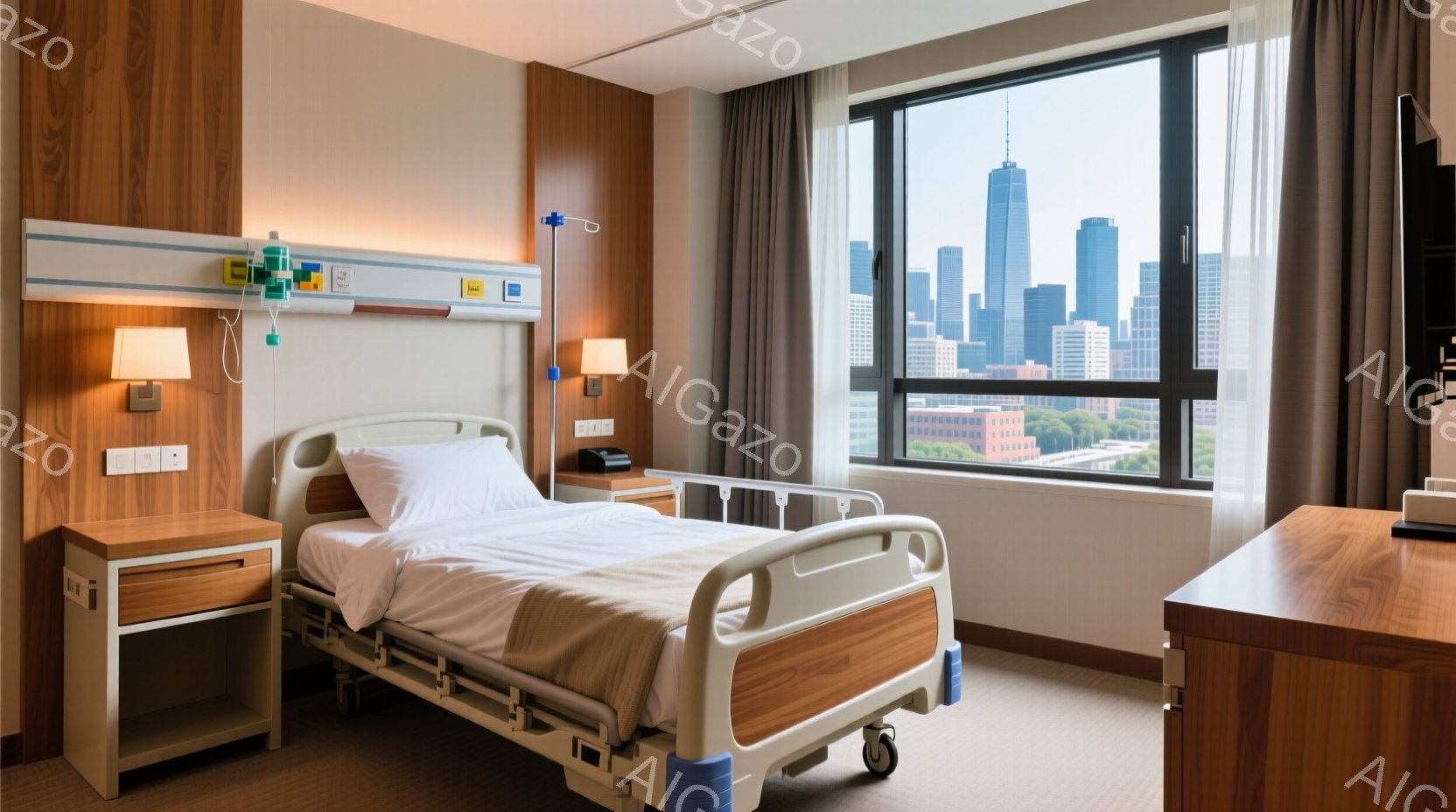白いベッドが部屋の中央にあります。ベッドサイドテーブルには電話機が置かれ、頭上には医療機器が設置されています。大きな窓からは高層ビル群が見え、晴れた日の都会の風景が広がっており、清潔で落ち着いた雰囲気の病室であることがわかります。