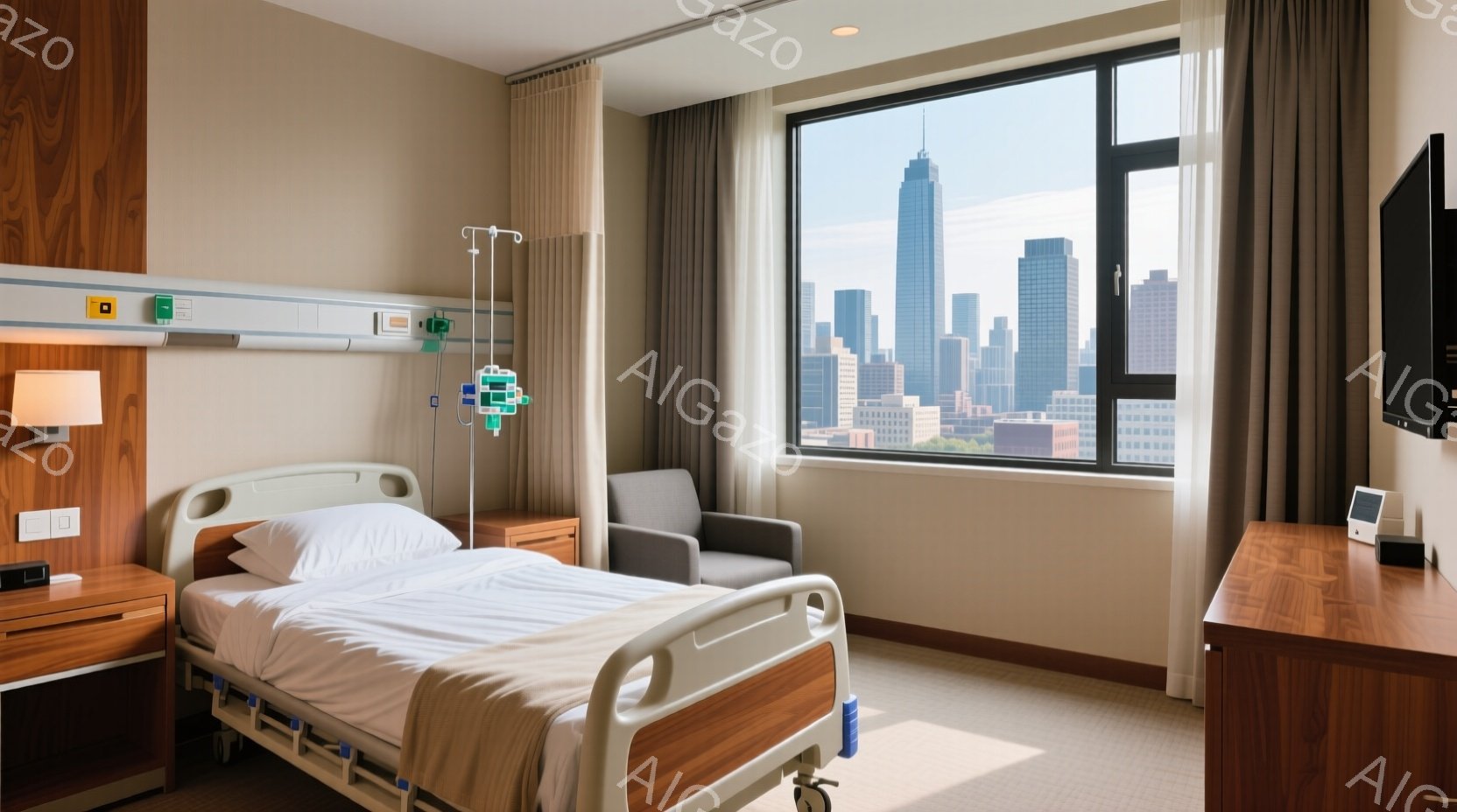 広々とした病院の病室で、白いベッドが整えられています。大きな窓からは高層ビル群が見渡せ、晴れた日のニューヨークの街並みが広がっています。室内は明るく清潔感があり、落ち着いた雰囲気です。