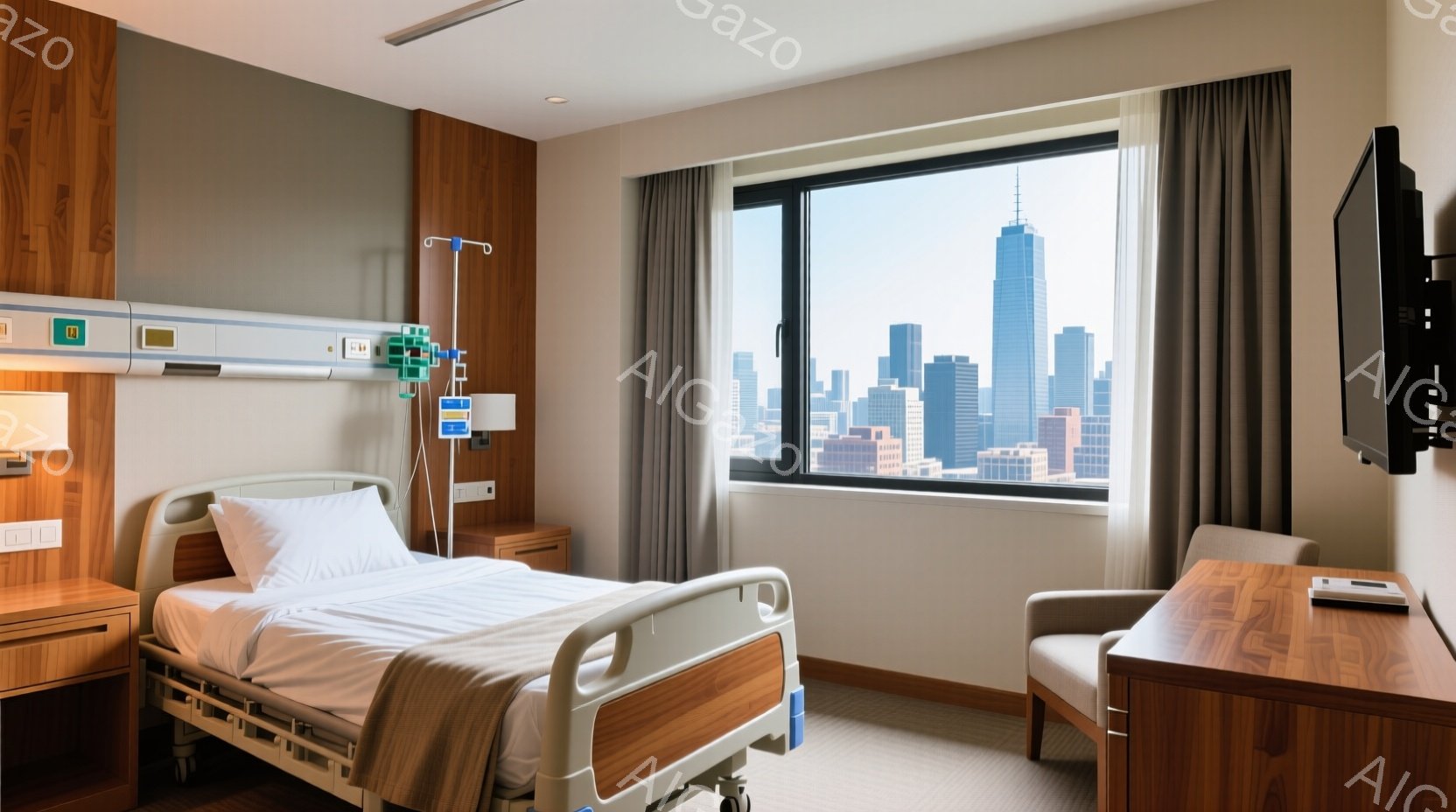 病室には、白いシーツが敷かれたベッドと、隣に配置された小さなテーブルと椅子があります。大きな窓からは高層ビル群が見え、晴れた日の都市の景色が広がっています。全体的に清潔感があり、落ち着いた雰囲気で、患 - AI生成フリー素材