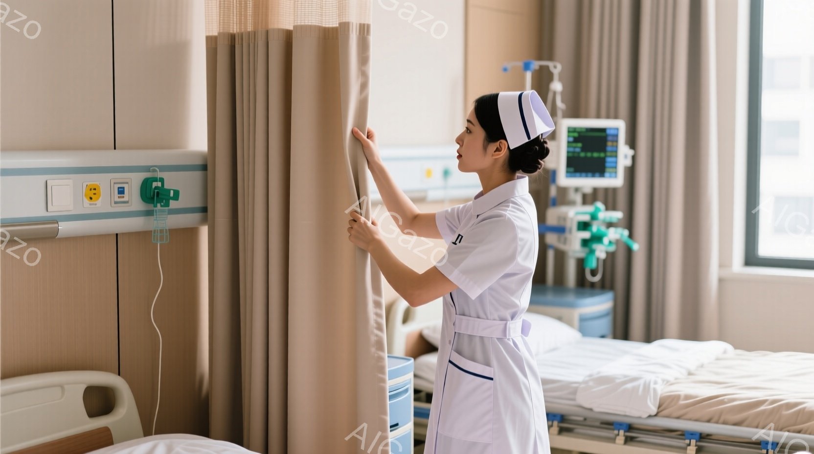 看護師が病院の病室でカーテンを調整している。彼女は白い制服と帽子を着用し、髪は後ろでまとめており、真剣な表情で業務に取り組んでいる。病室にはベッドや医療機器が配置され、清潔感があり、落ち着いた雰囲気が漂っている。