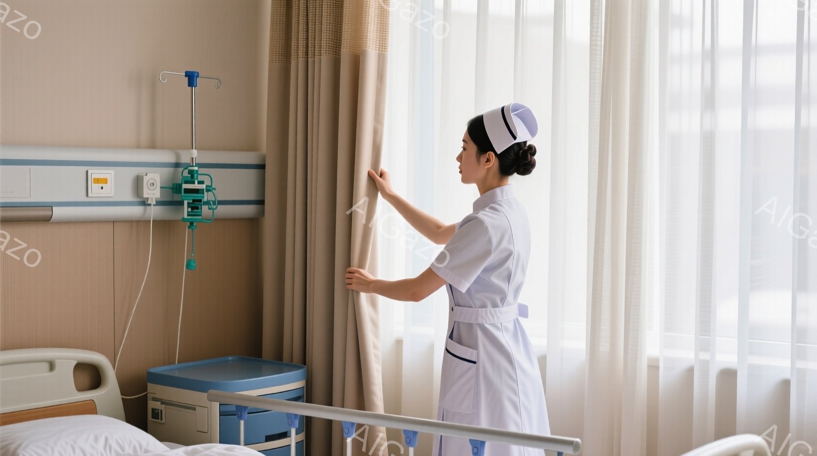 看護師は白い制服と帽子を身につけ、ベッドのそばの窓のカーテンを開けようとしています。彼女は後ろを振り向き、やや微笑んでいるように見えます。病院のベッドと医療機器が背景にあり、全体的に清潔で落ち着いた雰 - AI生成フリー素材