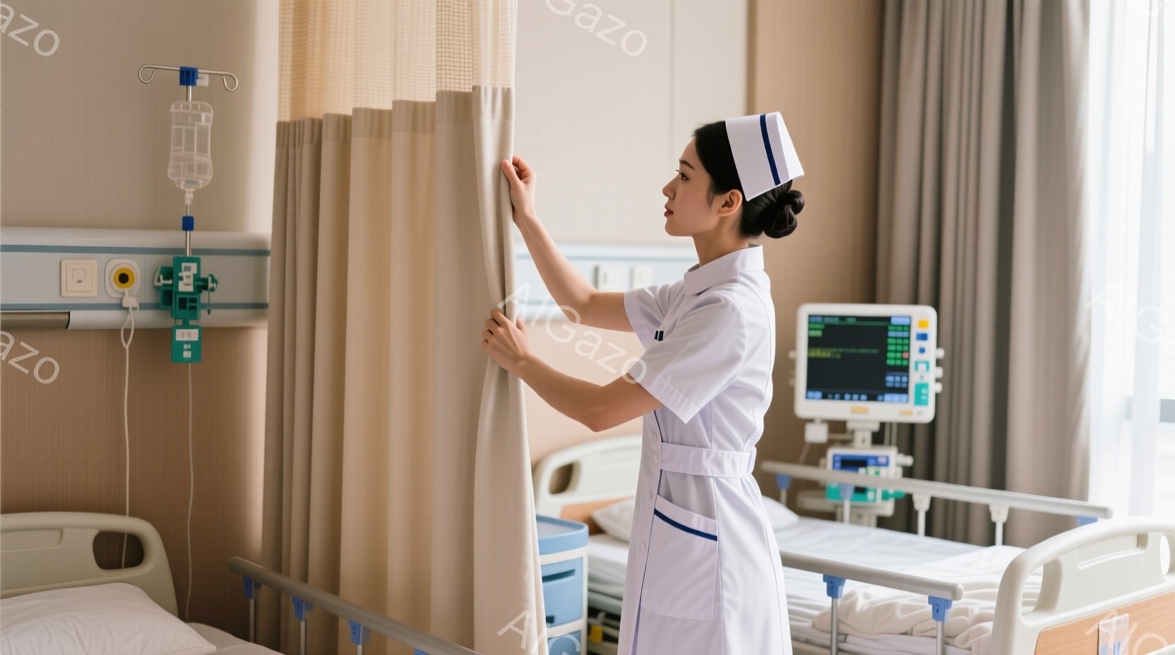 看護師が病院のベッドサイドに立っており、淡いベージュ色のカーテンを軽く引っ張って調整している様子がうかがえます。彼女は白い看護師服にヘアキャップを着用しており、表情は穏やかで真剣です。ベッドには医療機器が設置され、背景には他のベッドが見え、病院の一室であることがわかります。