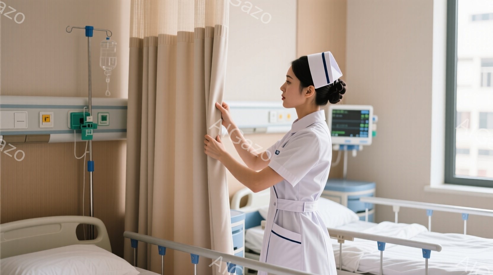 看護師は白い制服と帽子を身につけ、ベッドの仕切りカーテンを操作している。彼女は髪を後ろでまとめ、やや真剣な表情でカーテンを調整しているようだ。背景には病院のベッドが並び、窓からは明るい光が差し込み、清潔で静かな雰囲気が漂っている。