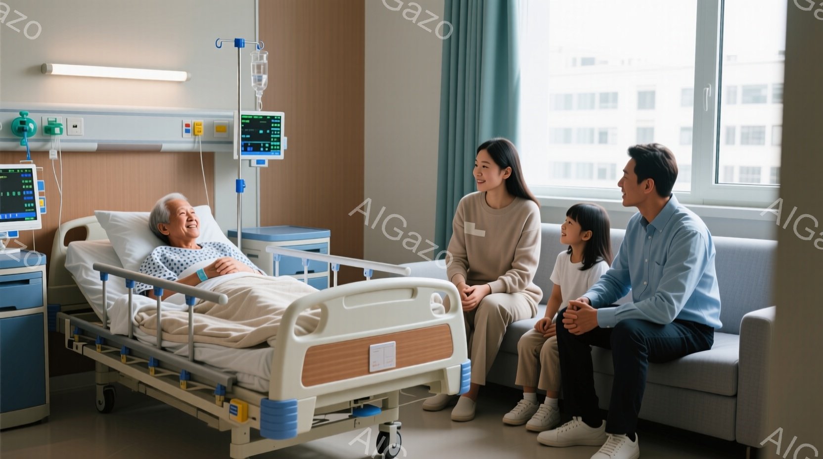 家族が病院の病床に座り、老人を見守るシーン。マンはカジュアルな服装で、顔は平らで落ち着きがある。女性は長髪で、顔に微笑み。子供たちも整って座り、老人に対して注意深く見ている。病院の背景には、窓から日が差し、機器も見えている。全体として、家族のサポートや慰謝の雰囲気が伝わってくる。