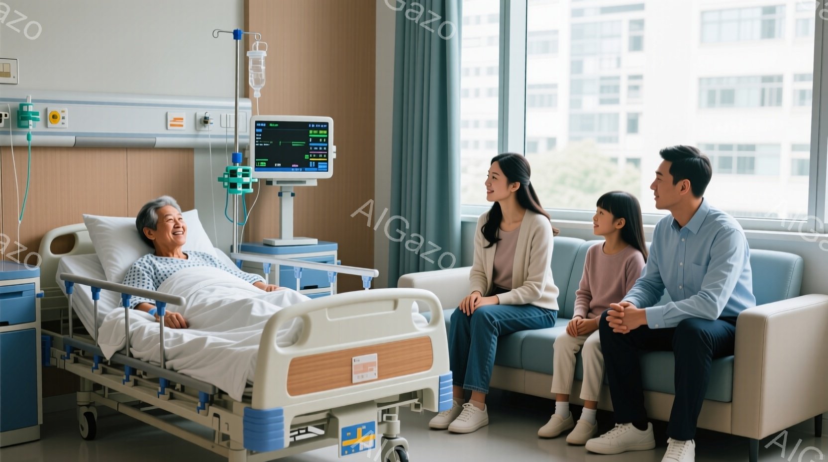 病院のベッドに横たわる高齢女性が写っており、点滴を受けている様子が見えます。彼女の隣には、ソファーに座る若い女性と男性がおり、穏やかな表情で彼女を見つめています。背景には高層ビルが見え、窓から差し込む - AI生成フリー素材