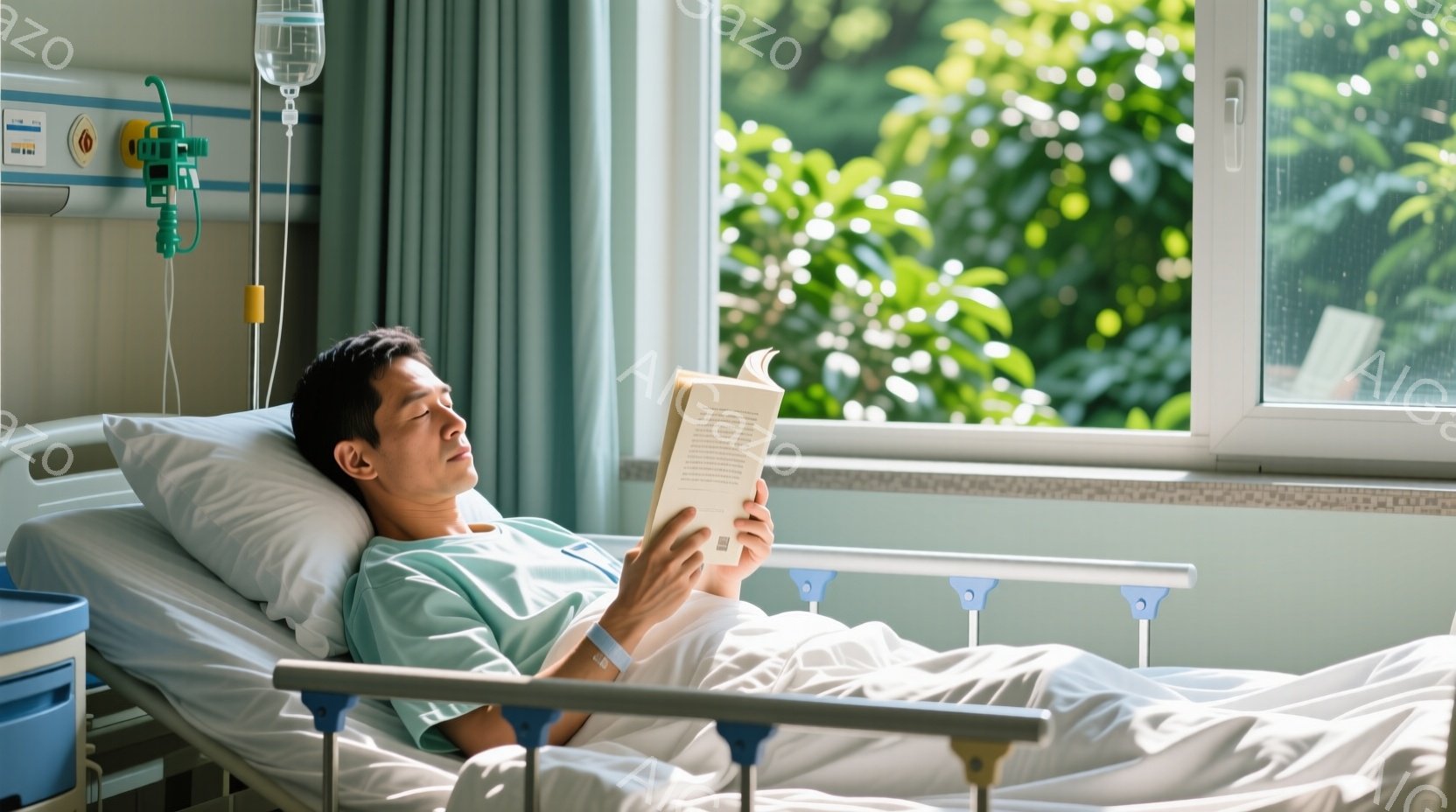 病室のベッドに横たわる男性が本を読んでいます。彼は病院着を着ており、短髪で穏やかな表情をしています。窓からは緑豊かな木々が見え、明るい日差しが差し込み、静かで落ち着いた雰囲気が漂っています。