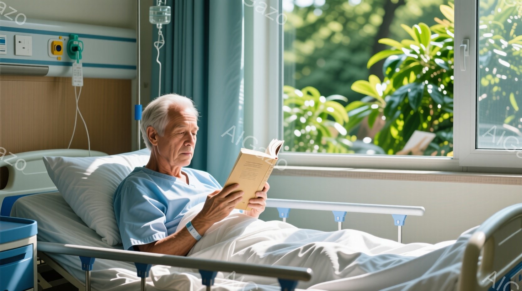 高齢の男性が病院のベッドに横たわり、本を読んでいます。彼は薄い青色の病院着を着ており、白髪で少し乱れた髪型をしています。背景には緑豊かな植物が見える窓があり、明るく穏やかな雰囲気が漂っています。