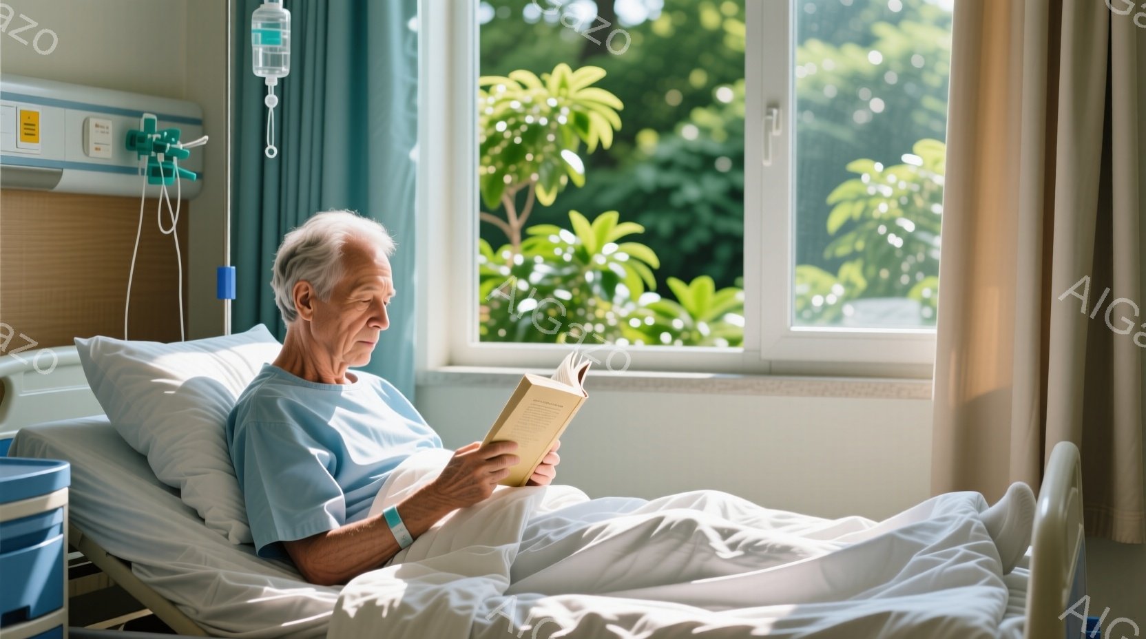 高齢の男性が病院のベッドに横たわり、本を読んでいます。彼は青い患者服を着ており、白髪で少し疲れた表情をしています。背景には緑豊かな木々が見える窓があり、日差しが差し込み、全体的に穏やかで静かな雰囲気が - AI生成フリー素材