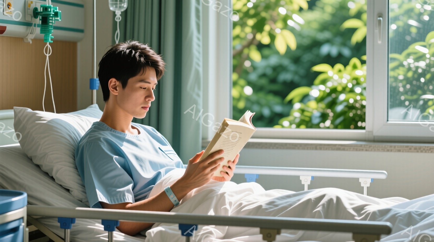 入院患者の男性がベッドに横たわり、本を読んでいます。彼は水色の病院着を着ており、短く整髪された黒髪です。背景には窓から差し込む光と緑の植物が見え、穏やかで静かな雰囲気が漂っています。 - AI生成フリー素材