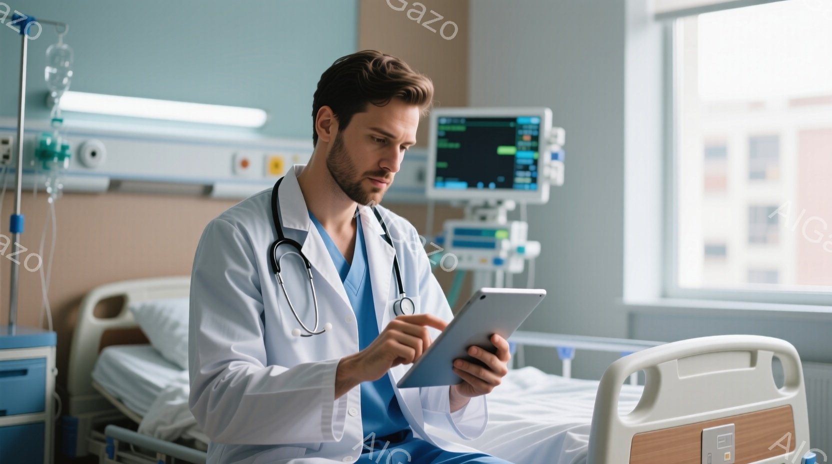 白衣を着た若い男性医師が、病院のベッドの端に座ってタブレットを見つめている。彼は短く整えられた髪と、集中した表情をしており、青いスクラブを着用している。背景には医療機器とベッドがあり、病院の室内である - AI生成フリー素材
