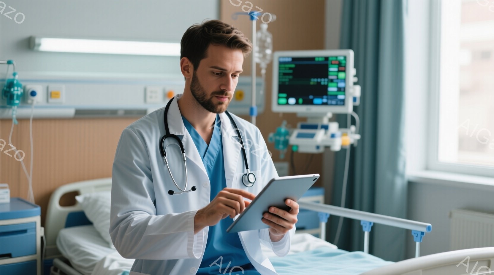 白衣を着た若い男性医師が、病院のベッドサイドでタブレット端末を見つめている。彼は短く整えられた茶髪で、真剣な表情で画面を見ている。背景には医療機器や白いベッド、窓から差し込む薄明るい光が見え、病院の一 - AI生成フリー素材