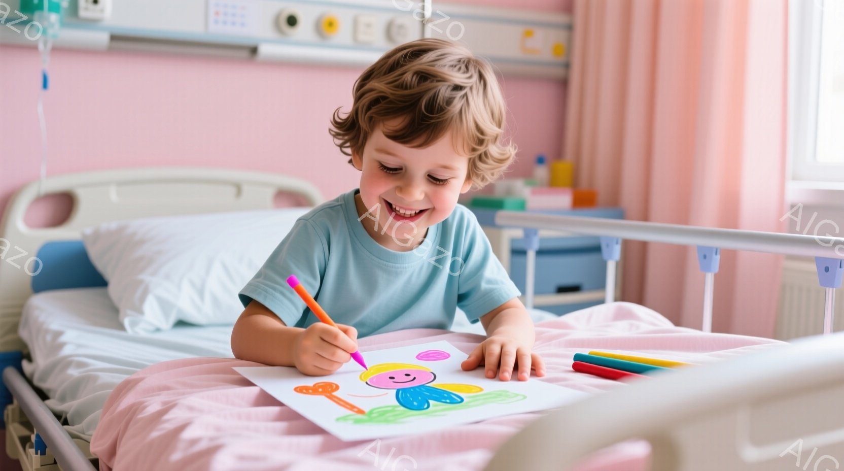 金髪で巻き毛の少年が、病院のベッドの上で絵を描いています。彼は水色のTシャツを着ており、顔には満面の笑みが浮かんでいます。背景には病院のベッド、点滴スタンド、そして壁に貼られた色とりどりの絵が見え、全体的に明るく希望に満ちた雰囲気です。