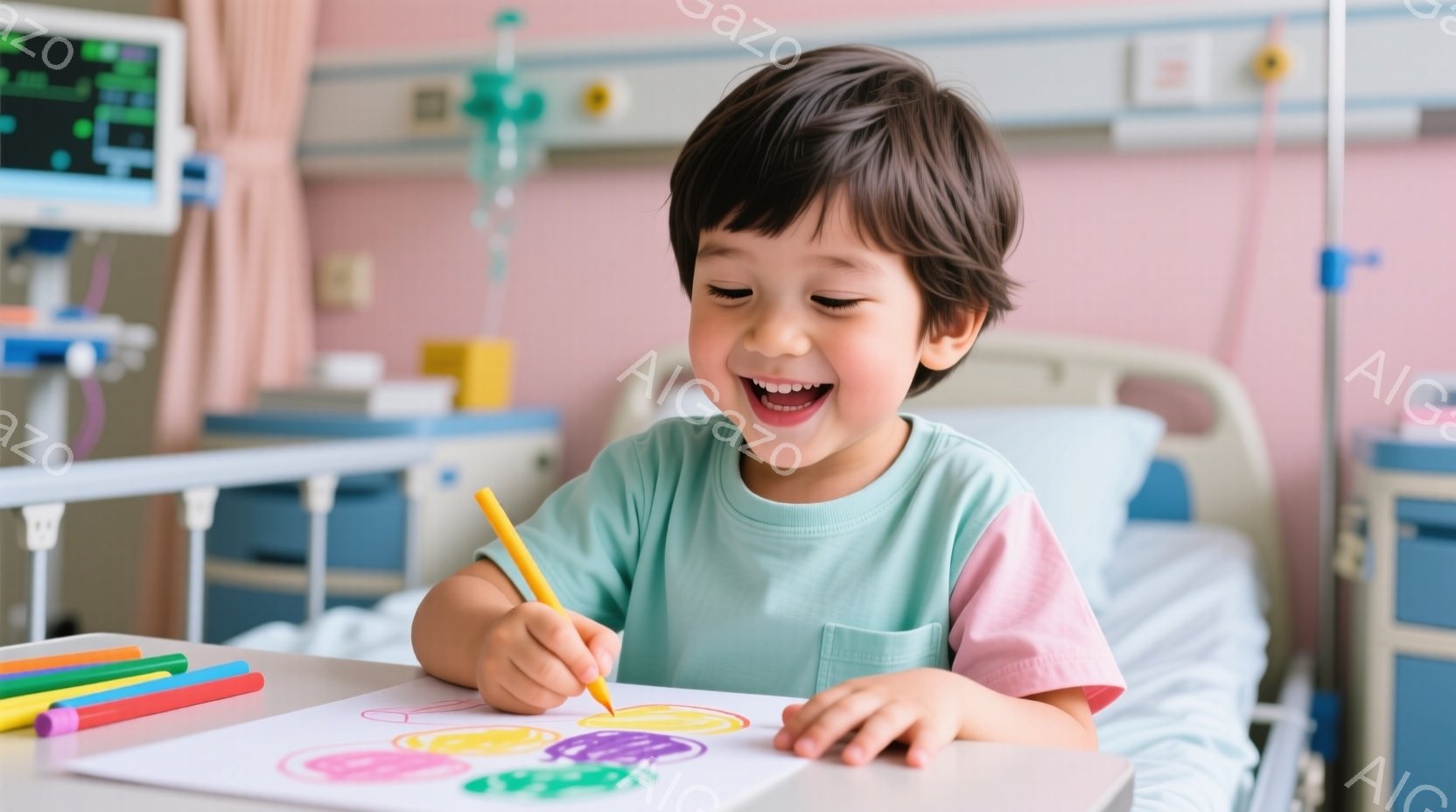 小さな男の子が病院のベッドに座り、色鉛筆で絵を描いている。彼は薄緑色とピンク色の組み合わせのTシャツを着ており、笑顔で楽しそうに色を塗っている。背景には医療機器やベッドが見え、病院の一室であることがわかる。