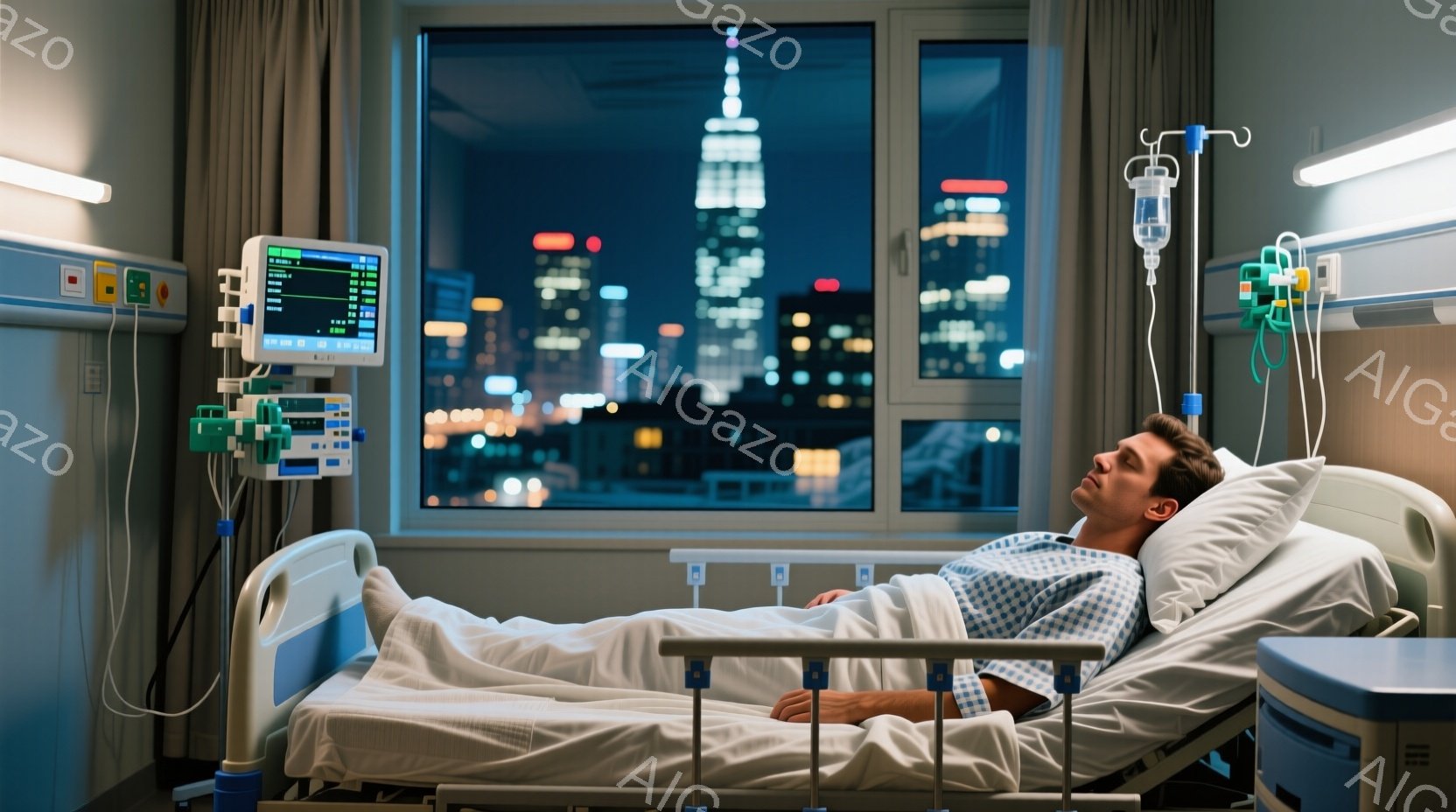 病室のベッドに横たわる男性が写っている。彼は青い患者着を着ており、目は閉じている。背景には夜景が広がり、高層ビル群が光り輝いている。 - AI生成フリー素材