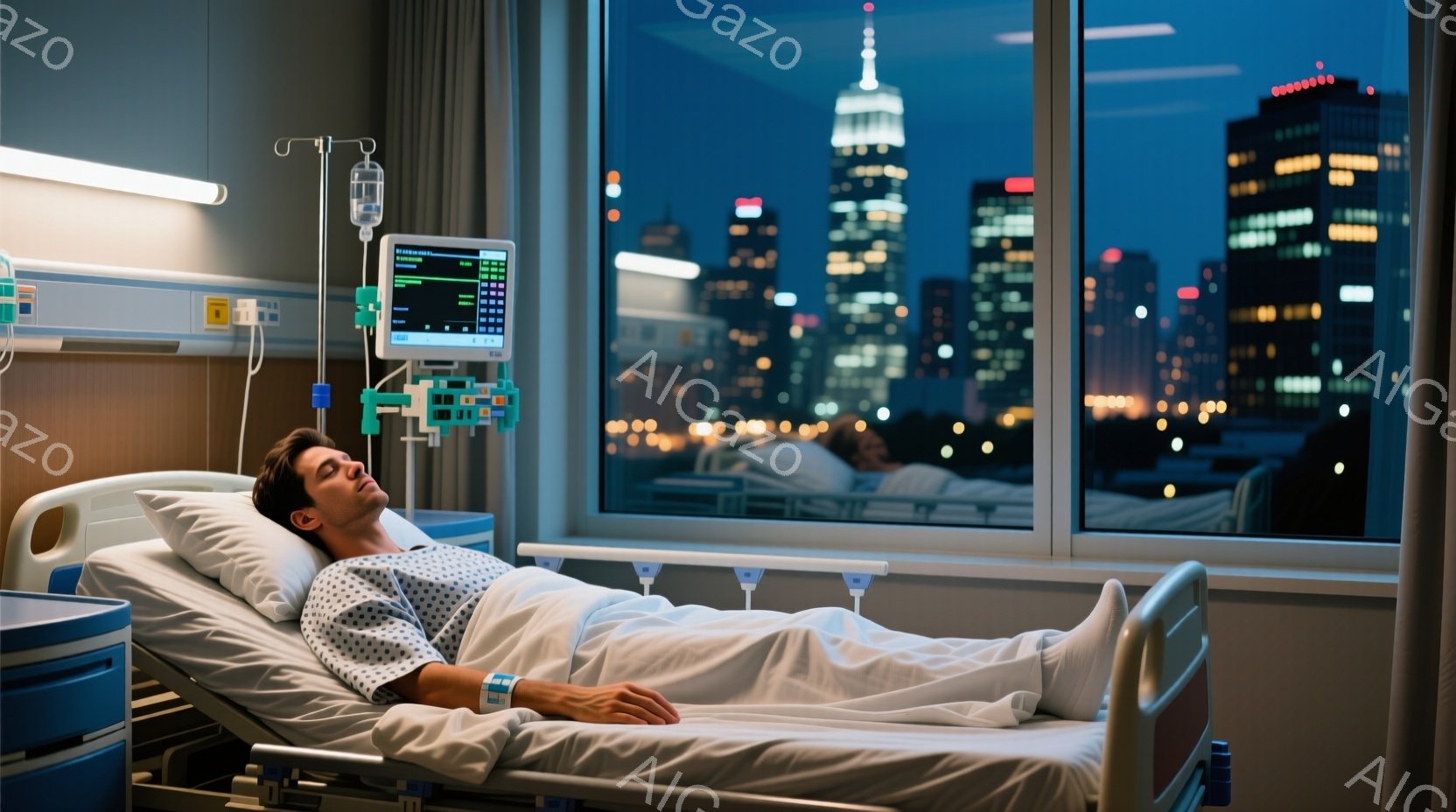 入院患者の男性が病院のベッドに横たわっています。彼は病院着を着ており、腕には医療用バンドが巻かれています。背景には夜景の摩天楼が広がり、窓の外は暗く、街の明かりが煌めいています。 - AI生成フリー素材