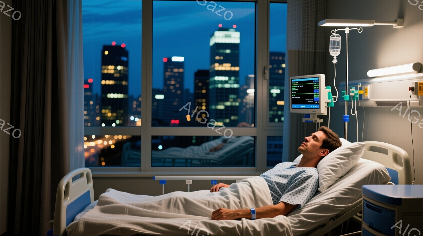 入院患者の男性が病院のベッドに横たわっています。彼は青い入院着を着ており、短く整った髪をしています。窓の外には夜景が広がり、高層ビル群が光り輝いています。