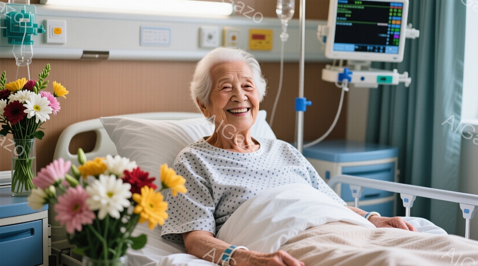 白髪の老婦人が病院のベッドに横たわり、穏やかな笑顔を浮かべています。彼女は水色のドット柄のパジャマを着ており、左手には医療用の腕輪が見えます。ベッドサイドには色とりどりの花が飾られた花瓶が置かれ、背景には医療機器や壁が見え、安心感と温かい雰囲気が漂っています。