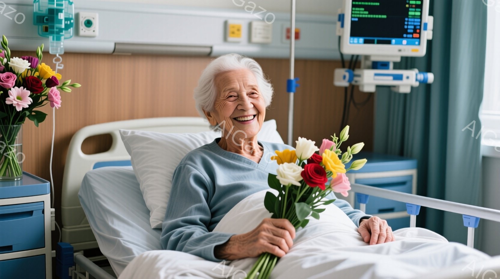 白髪の老婦人が病院のベッドに横たわり、鮮やかな花束を抱えています。彼女は青いシャツを着て、穏やかな笑顔を浮かべており、安堵感と幸福感が伝わってきます。ベッドのそばにはナイトスタンドがあり、背景には医療機器が設置され、病院の一室であることがわかります。