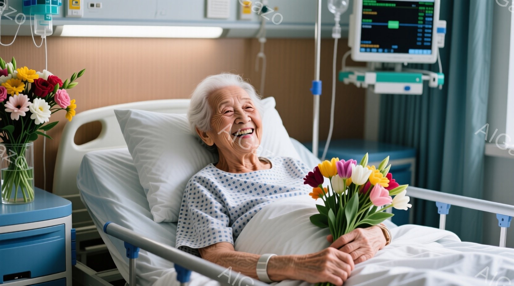白髪で皺の刻まれた女性が病院のベッドに横たわっており、鮮やかな花束を抱えて満面の笑みを浮かべている。彼女は水色のパジャマを着ており、顔には喜びと安堵の色が表れている。ベッドのそばには医療機器やモニター - AI生成フリー素材