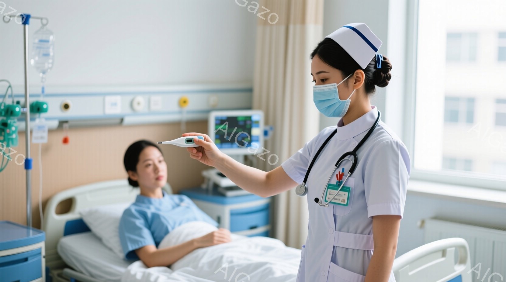 看護師はマスクとスクラブ、聴診器を身につけ、体温計を患者に向かって伸ばしています。患者は病院のベッドに横たわり、青い病衣を着ています。背景には、医療機器やモニタがあり、病院の静かで清潔な雰囲気が漂って - AI生成フリー素材