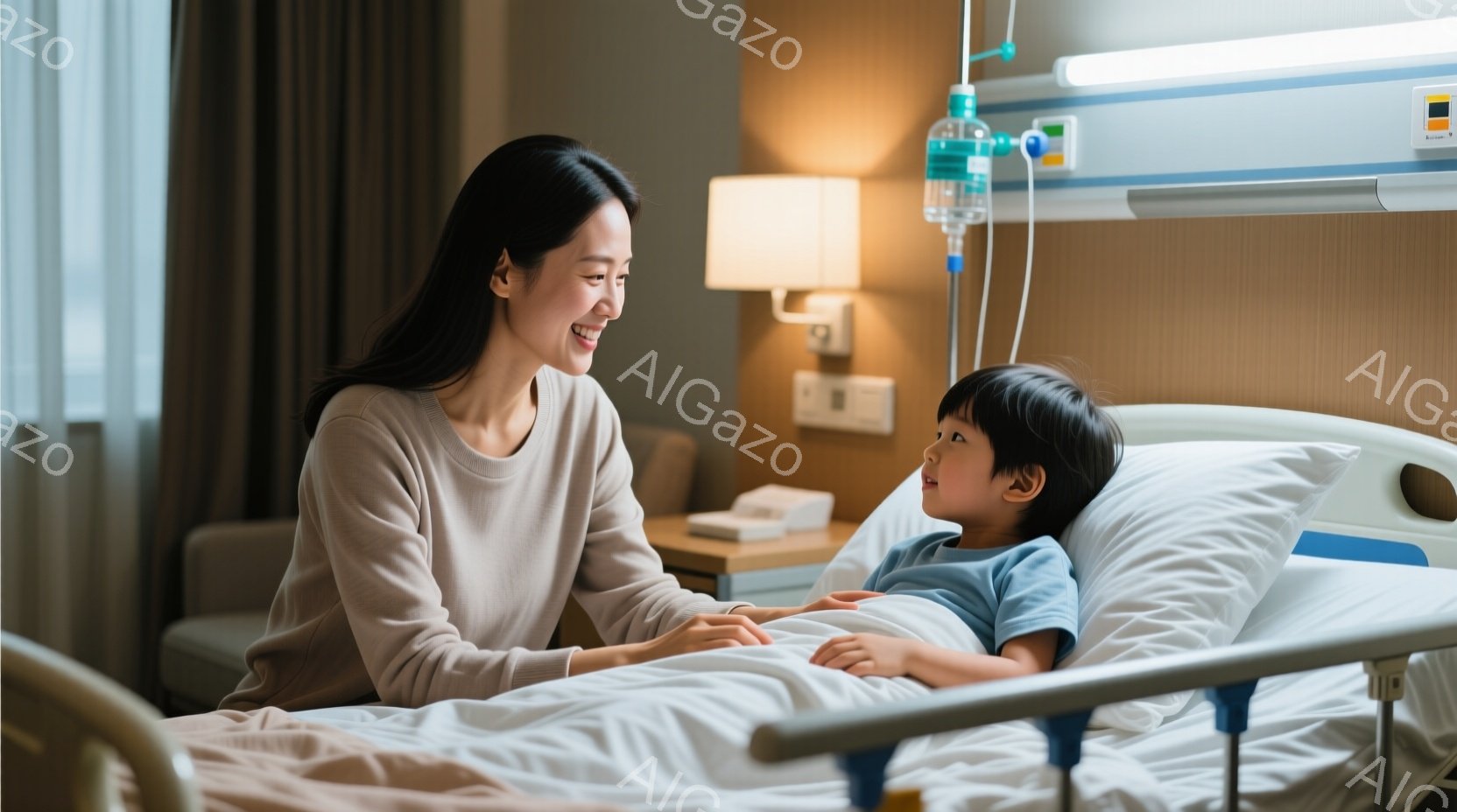 ベッドに横たわる少年と、その傍らに座る女性が写っています。少年は青いシャツを着ており、女性はベージュのセーターを着て微笑んでいます。背景には病院のベッドサイドテーブルと、優しい光を放つランプが見え、全体的に温かく安心感のある雰囲気が漂っています。