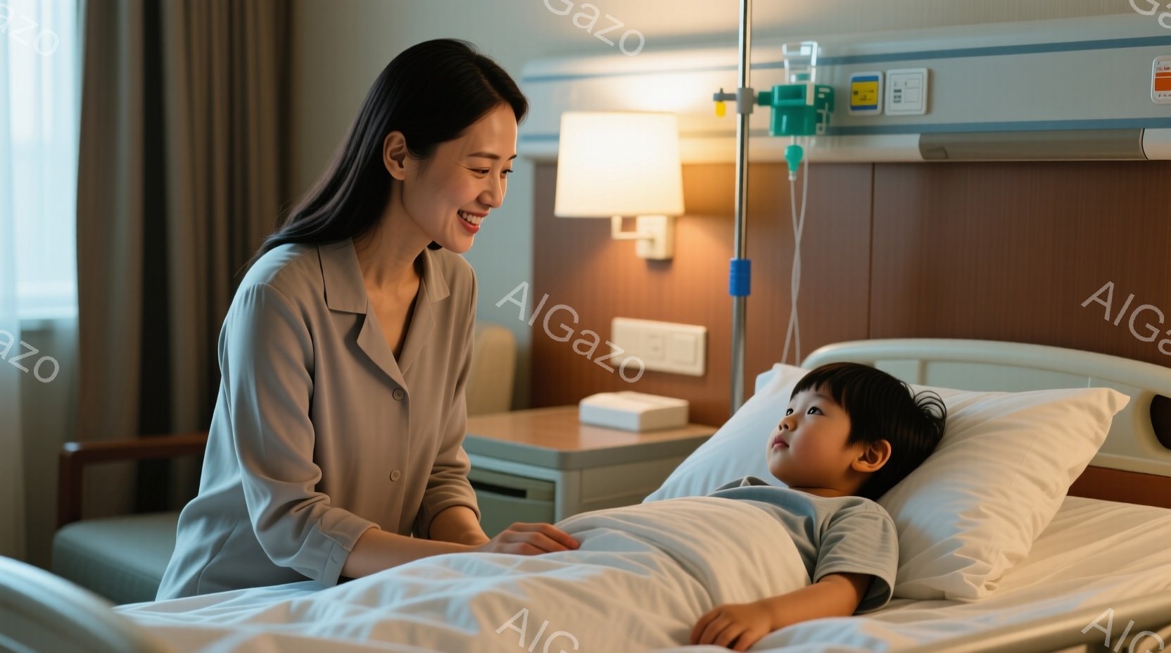 ベッドに横たわる幼い男の子の前に、笑顔で話しかける女性がいます。女性は茶色の髪を後ろにまとめ、ベージュ色のシャツを着ています。背景には、病院のベッドサイドテーブルと点滴スタンドが見え、全体的に温かく優しい雰囲気が漂っています。