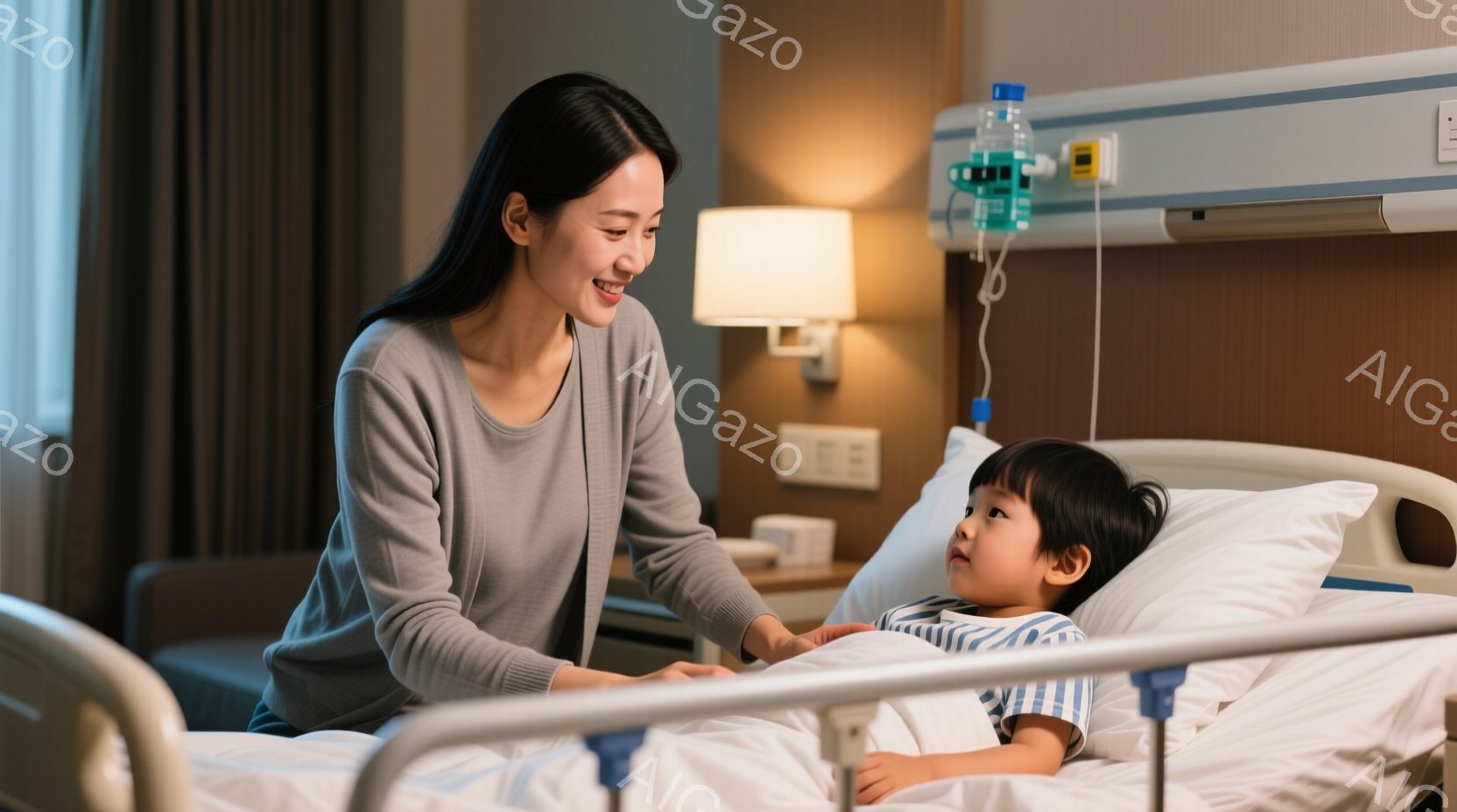 病院のベッドに横たわる幼い女の子の傍で、母親が優しく手を握っています。母親はグレーのセーターを着ており、明るい笑顔で娘を見つめています。背景には淡いピンク色のカーテンと、点滴台が見え、温かく安心感のある雰囲気が漂っています。