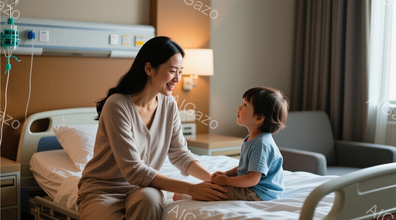 病院のベッドに、母親と幼い男の子が向かい合って座っています。母親はベージュ色のトップスを着ており、微笑んでいます。男の子は水色のシャツを着て、母親を見上げ、母親は男の子の手を優しく握っています。