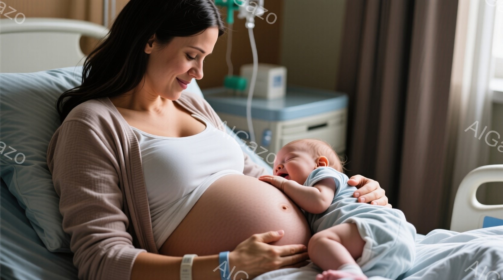 産後の女性が病院のベッドに横たわり、生まれたばかりの赤ちゃんを抱きかかえています。彼女は白いタンクトップとカーディガンを着ており、髪は後ろでまとめています。背景には医療機器やキャビネットがあり、全体的に温かく、愛情に満ちた雰囲気が漂っています。