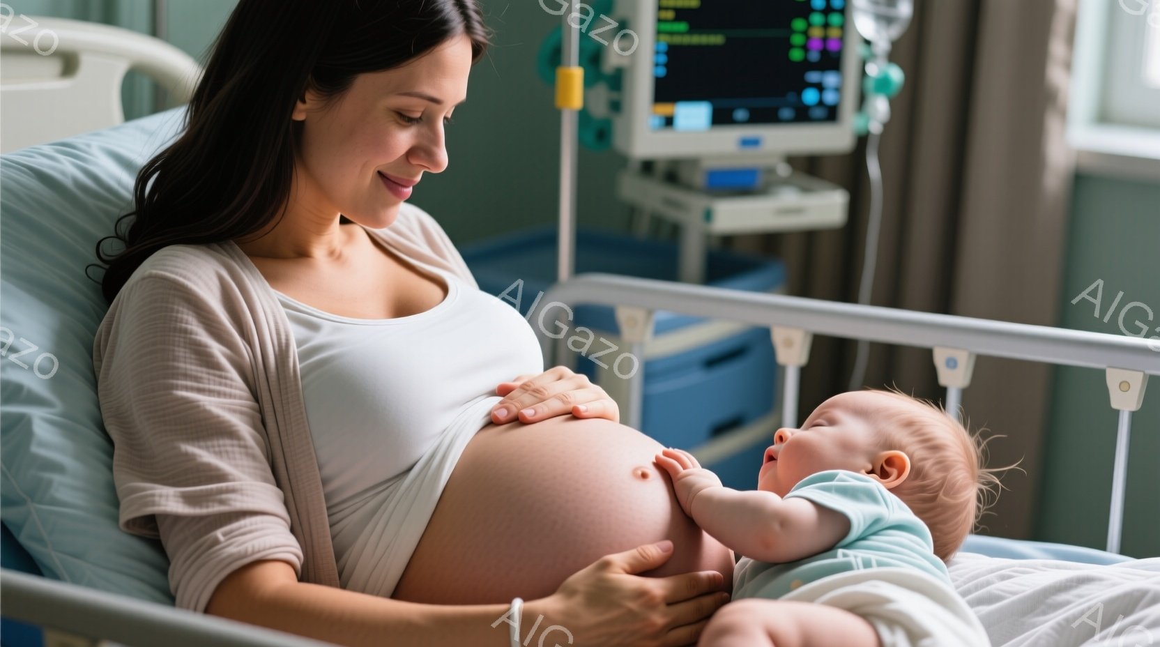 妊娠中の女性が病院のベッドに横たわり、生まれたばかりの赤ちゃんを抱いています。女性は白いタンクトップとグレーのカーディガンを着ており、髪は後ろにまとめています。背景には医療機器が見え、全体的に優しく穏 - AI生成フリー素材