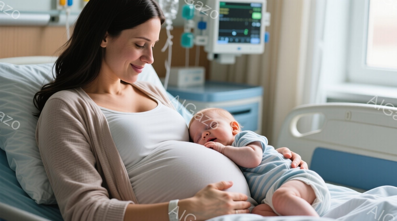 病院のベッドに横たわる女性が、生まれたばかりの赤ちゃんを抱きかかえている。女性は白いタンクトップと薄い茶色のカーディガンを着ており、髪は後ろにまとめていて、穏やかな表情をしている。背景には医療機器が見え、全体的に安堵と幸福感に満ちた温かい雰囲気が漂っている。