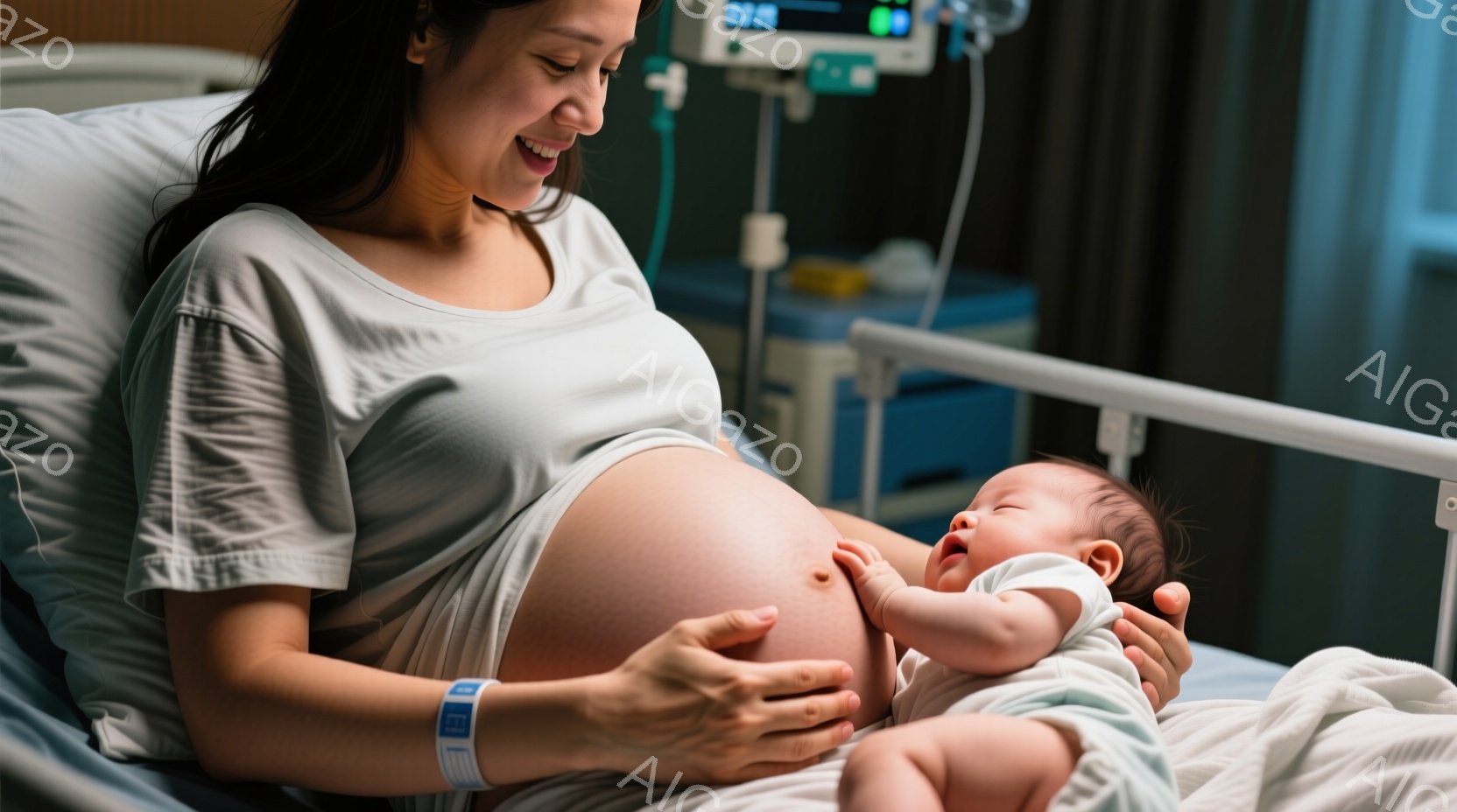 病院のベッドに横たわる女性が描かれており、大きな妊娠中のお腹を抱えています。彼女は白いTシャツを着ており、顔には穏やかな笑顔が浮かんでいます。隣には、白いベビーウェアを着た新生児が横たわり、わずかに口を開けています。