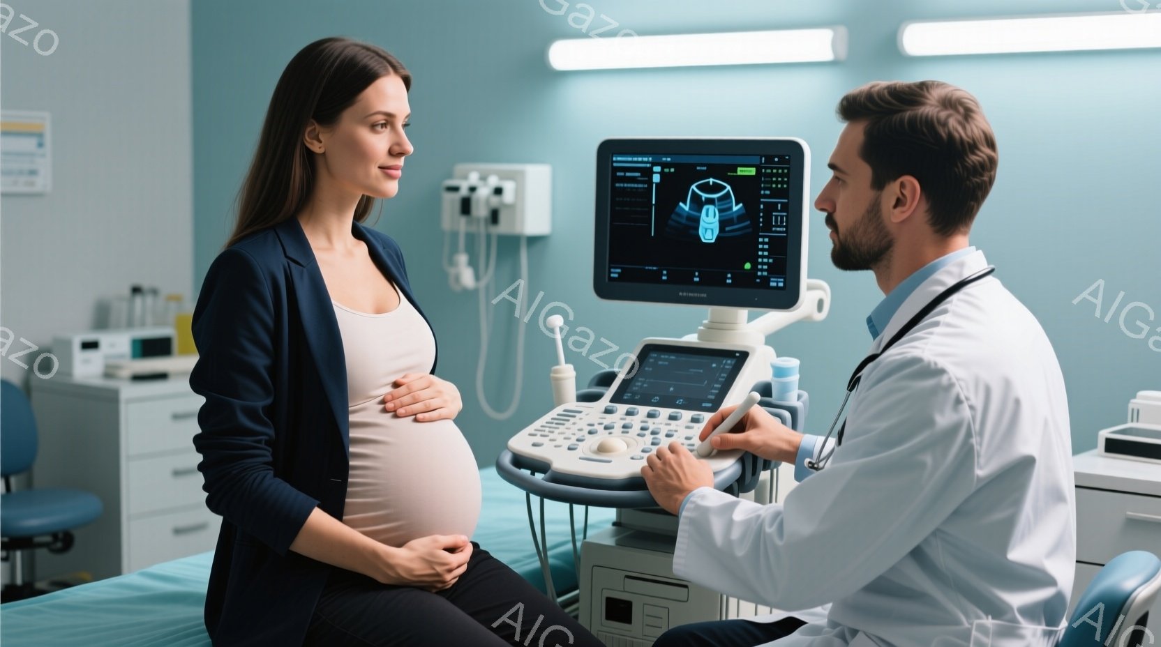 妊婦の女性が診察台に座っており、お腹に超音波検査のジェルが塗られています。医師は白いコートを着ており、超音波検査装置を操作しながら、女性のお腹を注意深く見ています。背景には医療機器があり、明るく清潔な診察室の雰囲気が伝わってきます。
