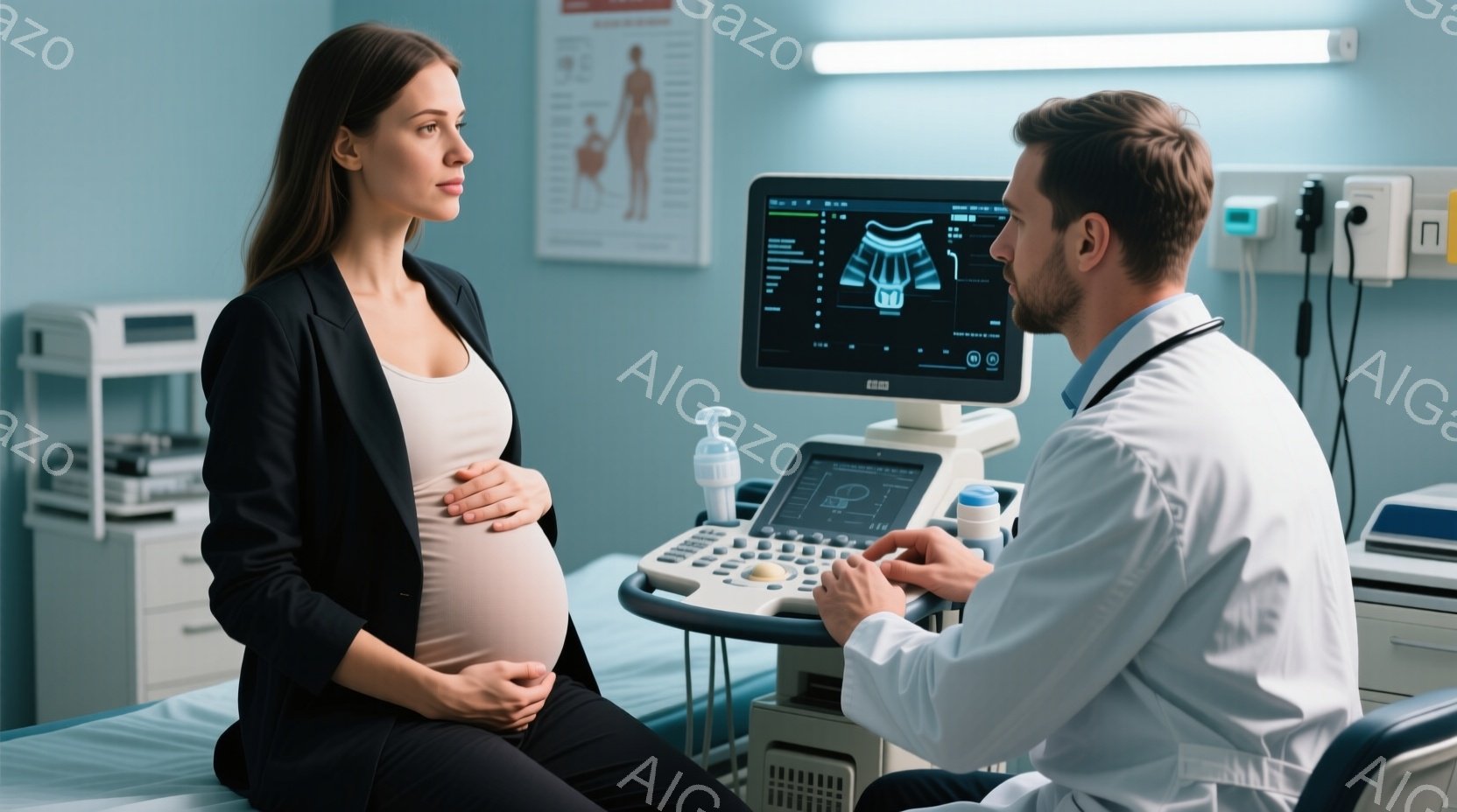 妊娠中の女性が病院の診察台に座っており、お腹を抱えています。医師は白いコートを着ており、超音波検査機器を操作しながら、女性のお腹を見ています。背景には医療機器やポスターがあり、病院の診察室のような、清潔で落ち着いた雰囲気が漂っています。