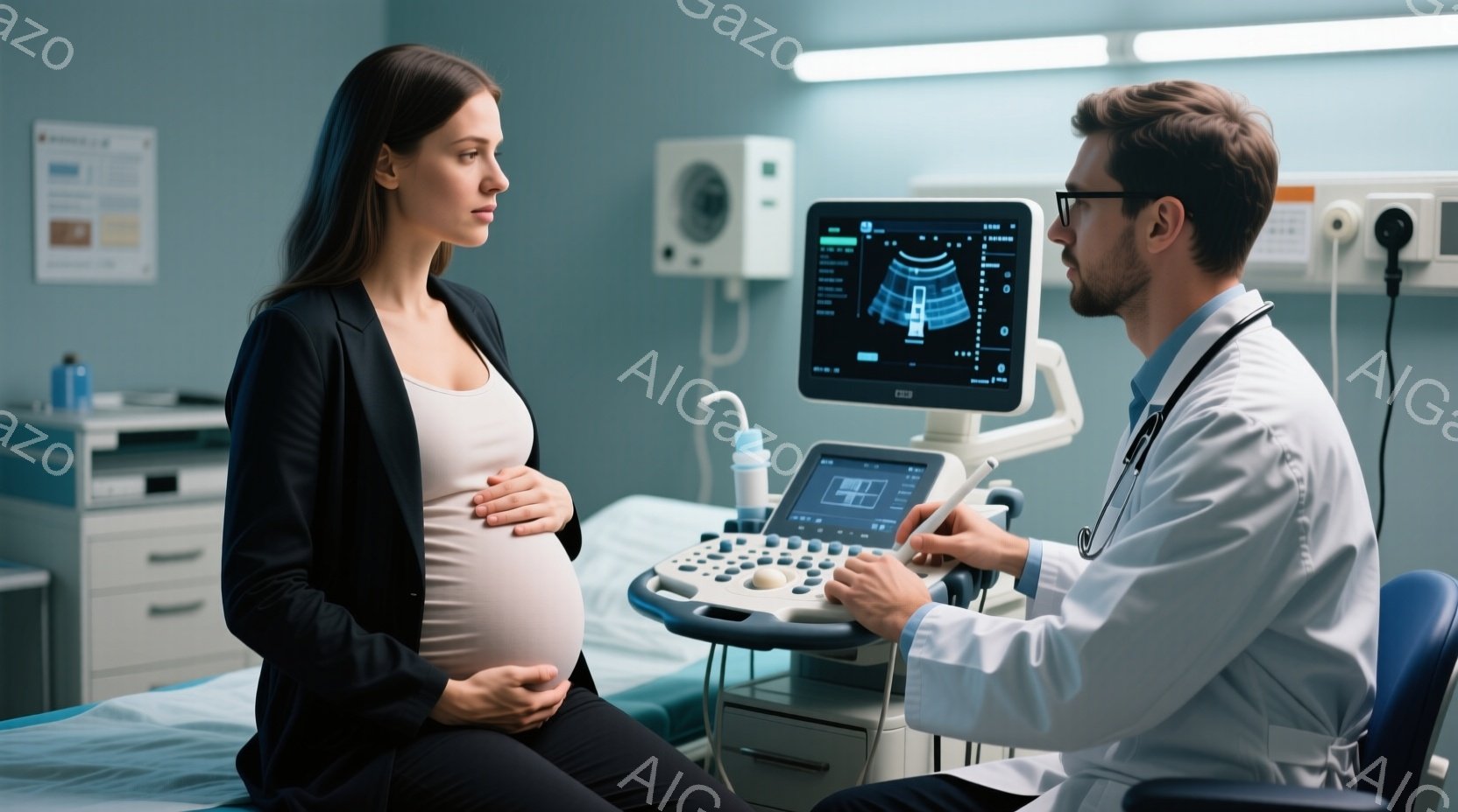 医療場のシーンで、女性が妊娠中、男性医師が胎帯周波数を測定している。女性はお茶色の服を着ており、冷静な表情を持ち、左手でお尻に添えた腹部を強くなめている。男性医師は白衣を着て、注意深い表情をして、女性の体内から出力される波形を見る。背景には病棟風の受診室があり、白と青のカラースケームで装飾されている。