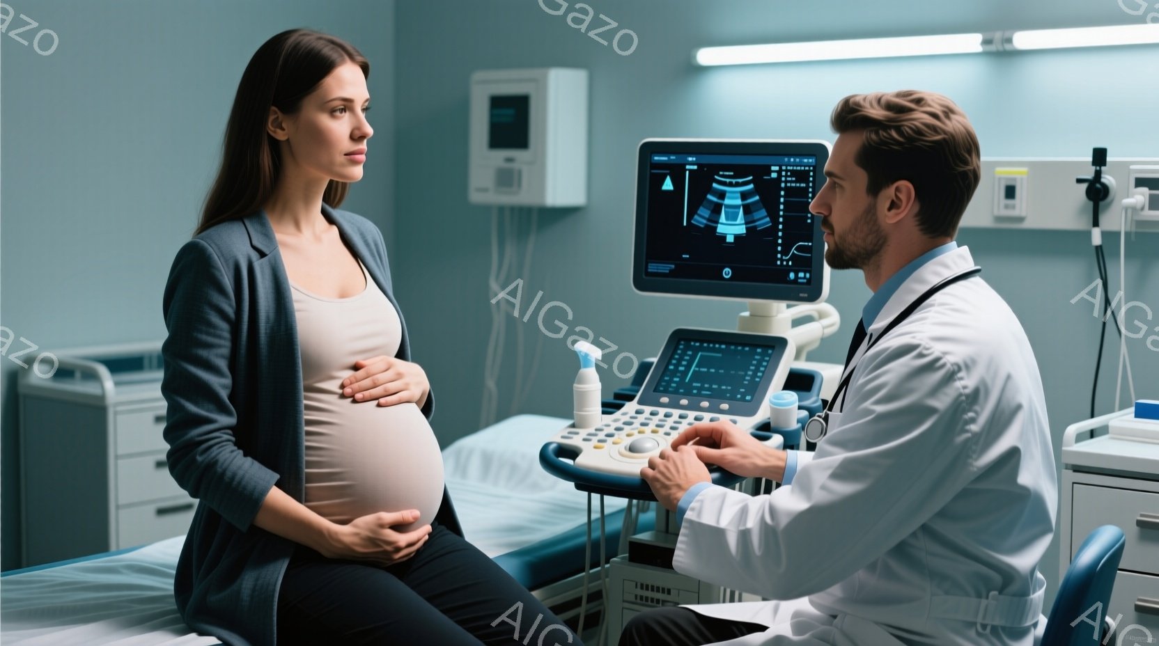 妊娠している女性が病院のベッドに座っており、お腹に手を当てています。医師は白いコートを着ており、超音波検査装置を操作しながら、真剣な表情で女性を見ています。背景には医療機器や白い壁があり、清潔でプロフェッショナルな雰囲気です。