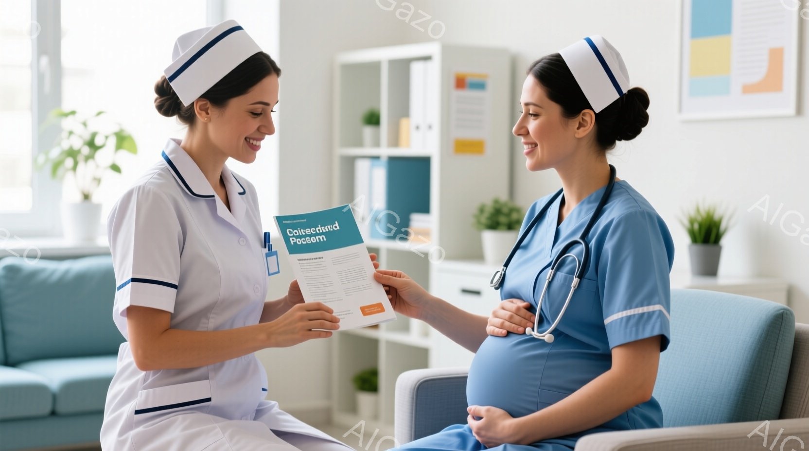 看護師は白い制服と看護師帽を着用し、妊婦にオレンジ色のパンフレットを渡しています。妊婦は青いスクラブと黒いズボンを着用し、お腹を抱え、看護師の言葉に耳を傾けています。背景には青いソファー、書類が入ったファイル、そして植物が見え、明るく清潔な雰囲気の医療機関内であることがわかります。