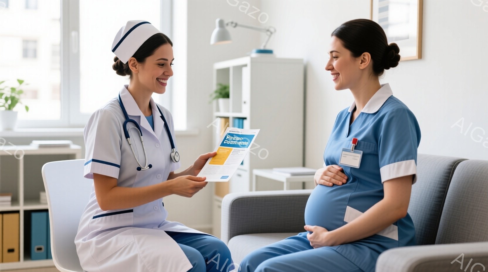 医療従事者と思われる女性が、妊娠中の女性に書類を見せて説明している様子が写っています。医療従事者は白衣とターバンで、笑顔で書類を指差しており、妊娠中の女性は椅子に座り、お腹に手を当てながら穏やかに微笑んでいます。背景には、医療機器や書類が置かれた棚があり、明るく清潔な待合室のような雰囲気です。