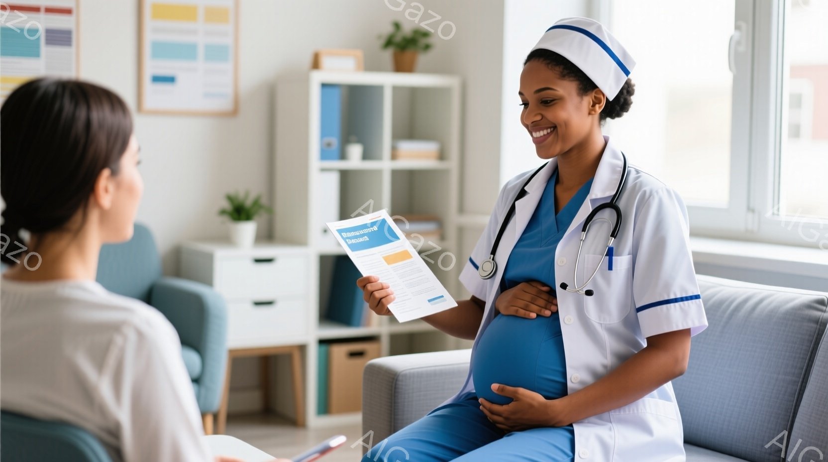 妊婦の医療従事者がソファーに座り、患者と思われる女性と対面している。彼女は白衣とターコイズブルーのスクラブを着ており、首には聴診器をかけている。明るい表情で、手に持った書類を患者に示している様子は、安心感と信頼感を与える。