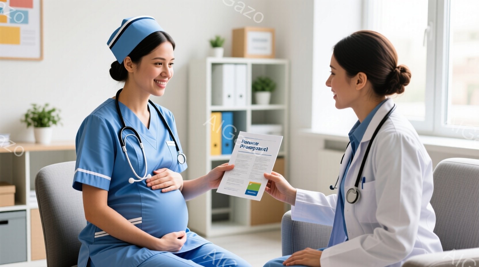 妊娠中の女性が椅子に座っており、制服を着た医療従事者が彼女に書類を渡しています。医療従事者は白衣を着て聴診器を首にかけており、笑顔で書類を差し出しています。背景には棚があり、書類や植物が並んでおり、明るく清潔な医療機関の雰囲気が漂っています。
