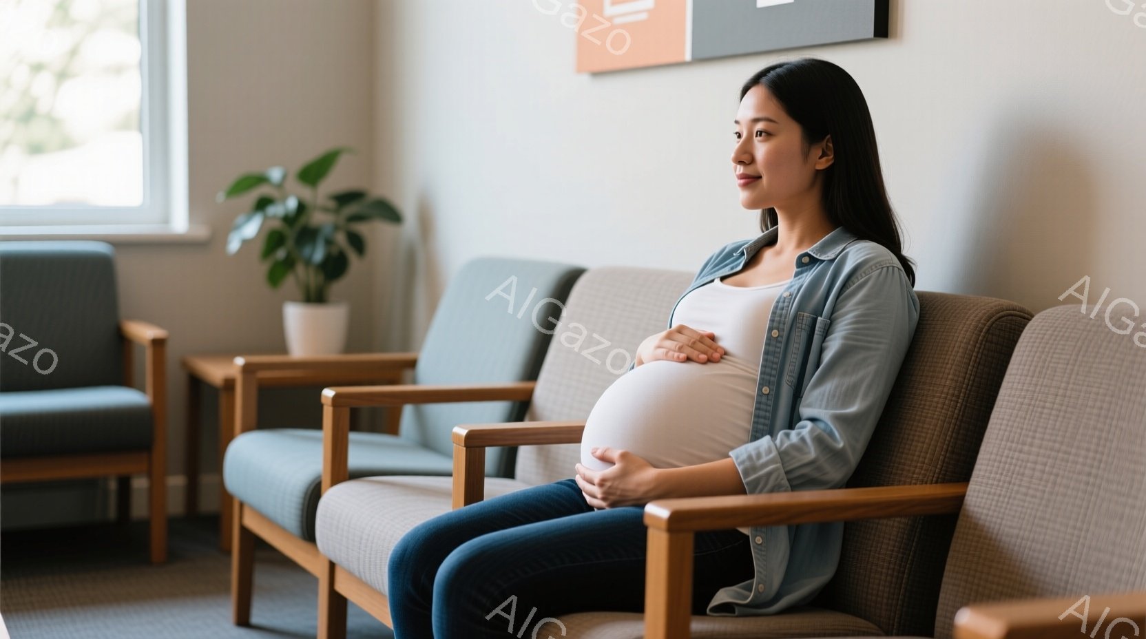 妊娠している女性が、病院や待合室のような場所のソファーに座っています。彼女は白いTシャツと水色のデニムシャツを着ており、ダークブルーのジーンズを履いています。彼女は少し横を向き、お腹を優しく抱え、穏やかで幸せそうな表情をしています。