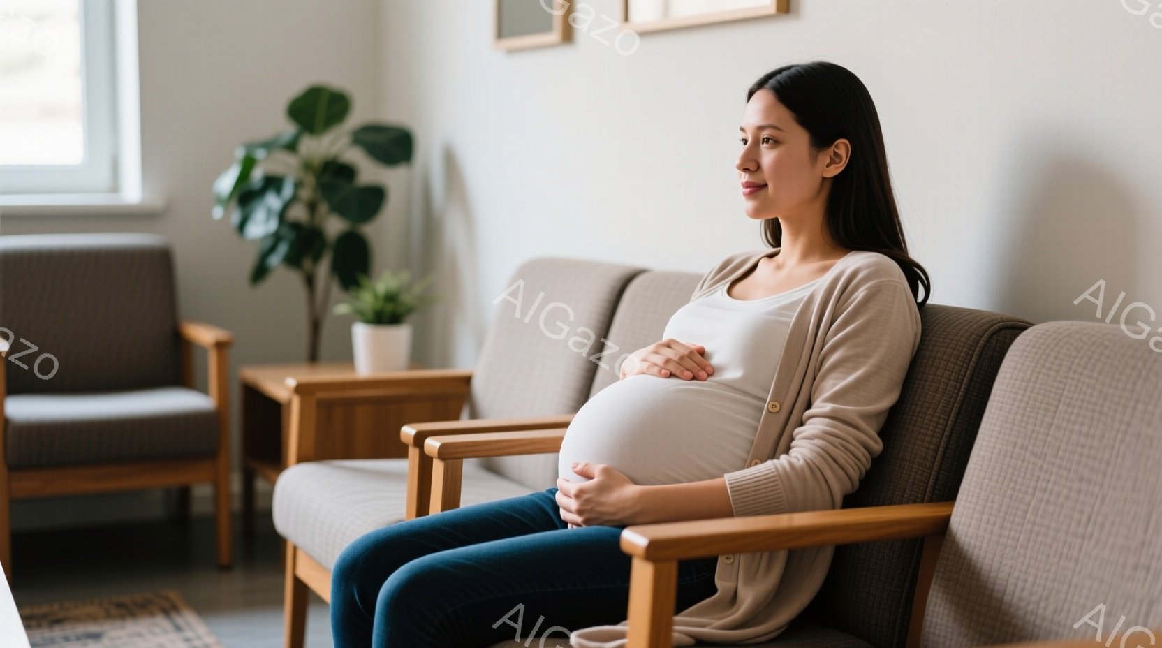 妊婦の女性がアームチェアに座り、お腹を優しく抱えています。ベージュのカーディガンに濃いジーンズ姿で、リラックスした表情を浮かべています。背景には、他の椅子や植物が見え、室内は明るく穏やかな雰囲気です。