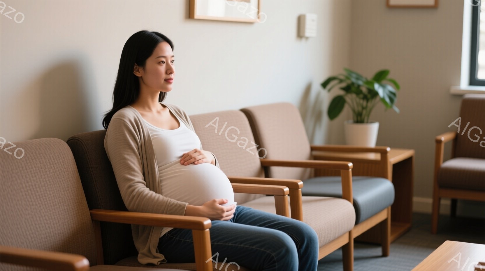 妊娠している女性が、病院や待合室のような場所で椅子に座っています。彼女はベージュのカーディガン、白いインナー、デニムのジーンズを着ており、お腹を優しく抱えています。背景には他の椅子と観葉植物があり、落ち着いた雰囲気です。