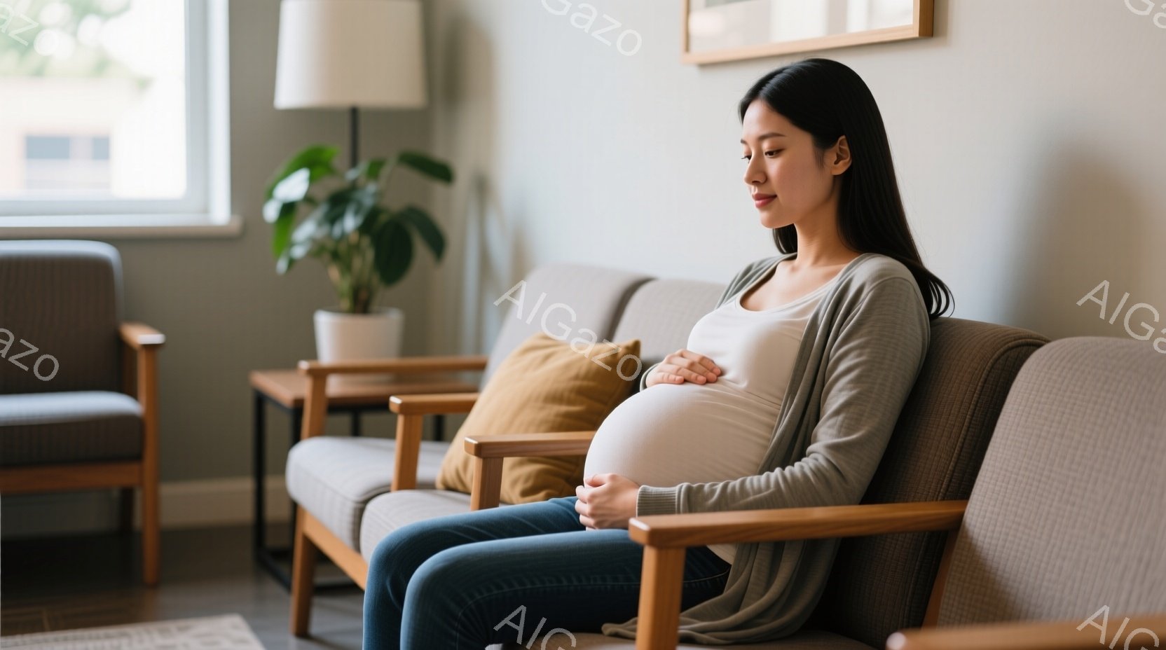 妊娠している女性が、明るいリビングルームのソファに座って、お腹を優しく撫でています。彼女はジーンズとベージュのカーディガンを着ており、長い黒髪は背中に流れています。背景には植物と窓があり、穏やかでリラ - AI生成フリー素材