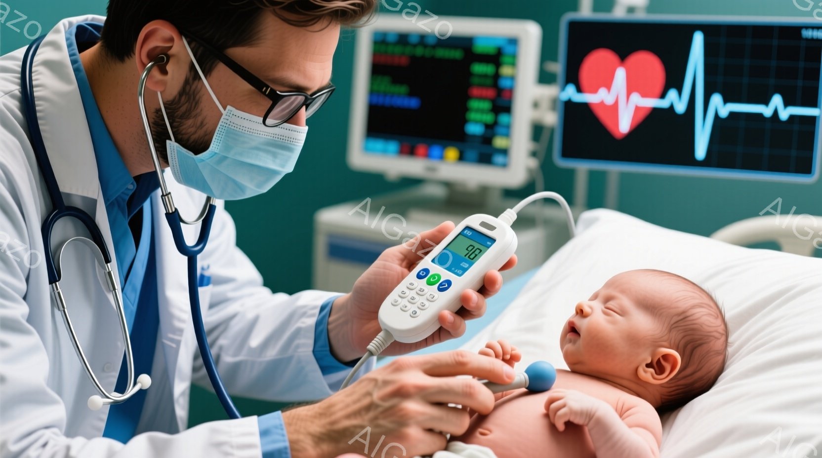 医師は白いコートとマスクを着用し、青いシャツを着ています。彼は乳児の額に体温計を当て、測定を行っています。背景には医療機器や心電図のモニターがあり、病院の部屋のようであり、全体的に安心感のある雰囲気が漂っています。